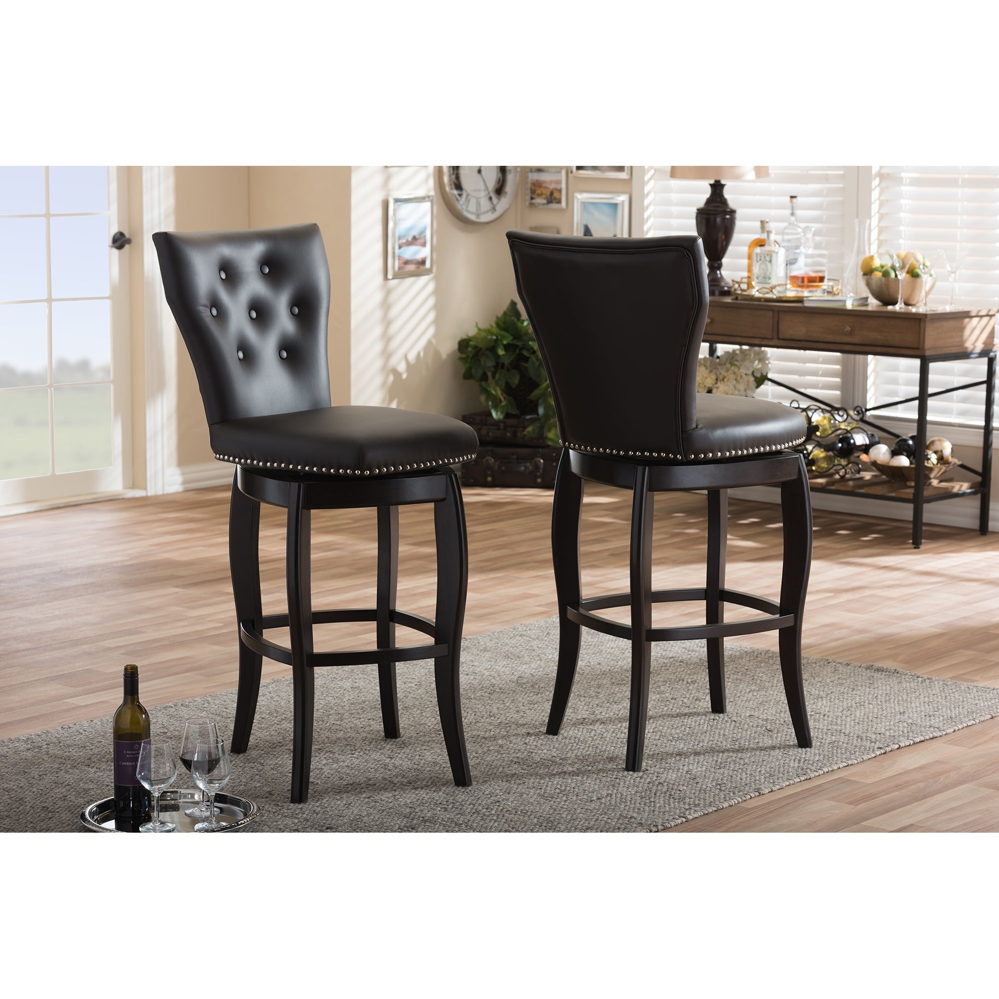 Baxton Studio Leonice Modern and Contemporary Dark Brown Faux Leather Upholstered Button-tufted 29-Inch 2-Piece Swivel Bar Stool Set