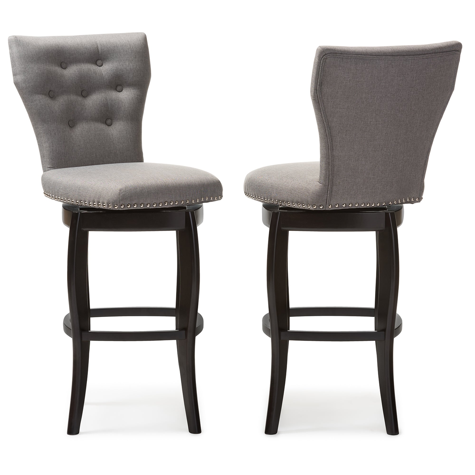 Baxton Studio Leonice Modern and Contemporary Grey Fabric Upholstered Button-tufted 29-Inch 2-Piece Swivel Bar Stool Set