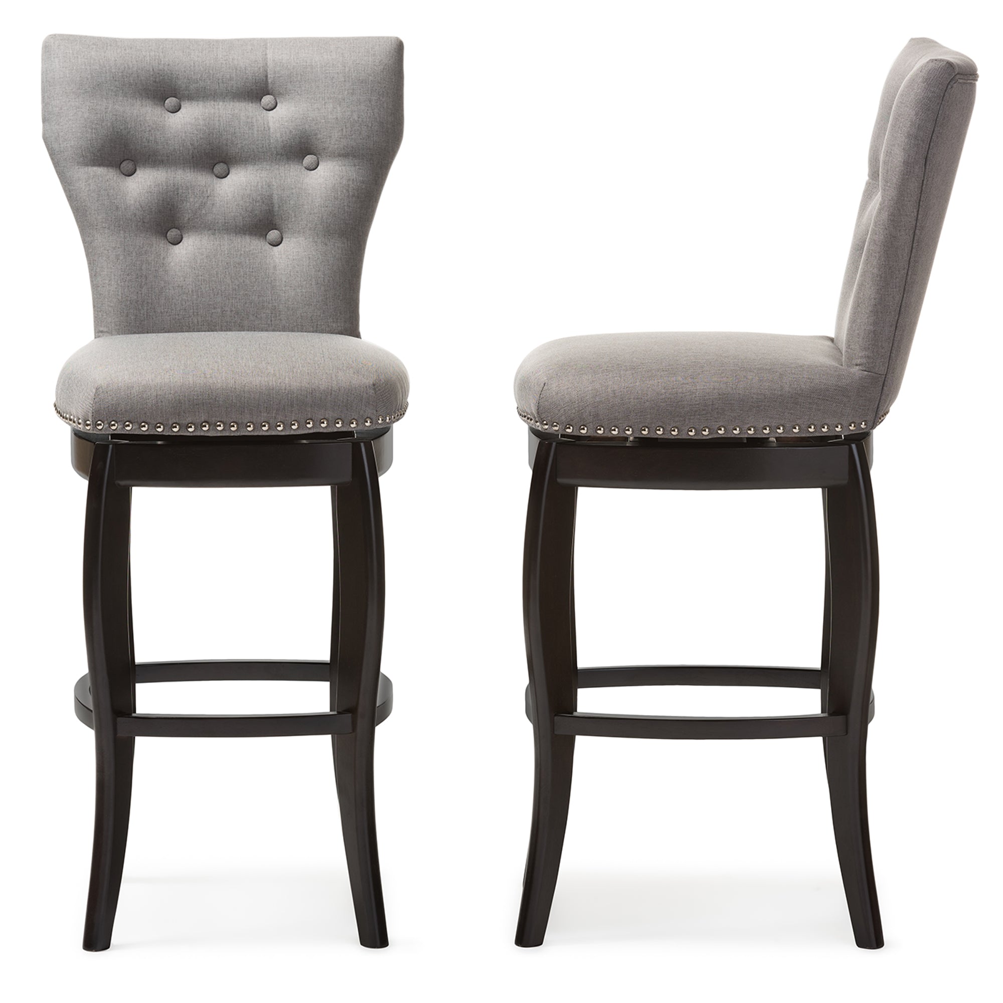 Baxton Studio Leonice Modern and Contemporary Grey Fabric Upholstered Button-tufted 29-Inch 2-Piece Swivel Bar Stool Set