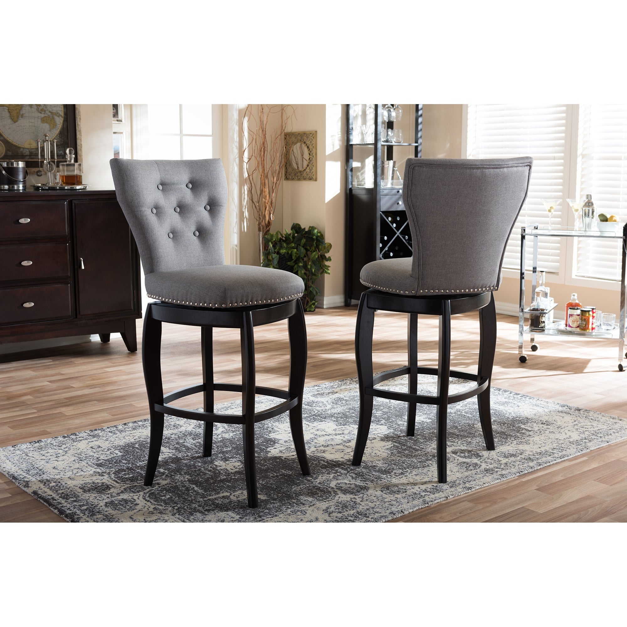 Baxton Studio Leonice Modern and Contemporary Grey Fabric Upholstered Button-tufted 29-Inch 2-Piece Swivel Bar Stool Set