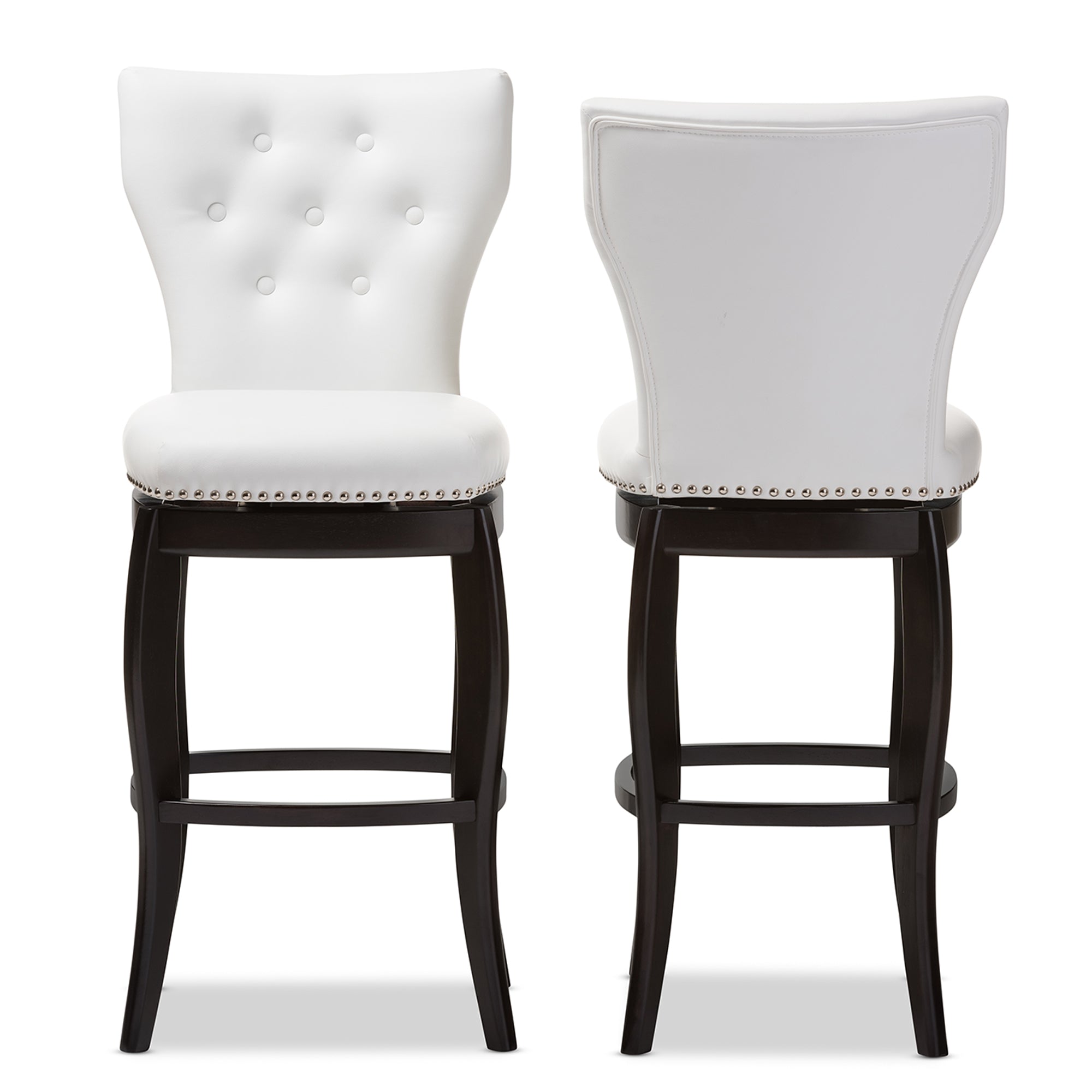 Baxton Studio Leonice Modern and Contemporary White Faux Leather Upholstered Button-tufted 29-Inch 2-Piece Swivel Bar Stool Set