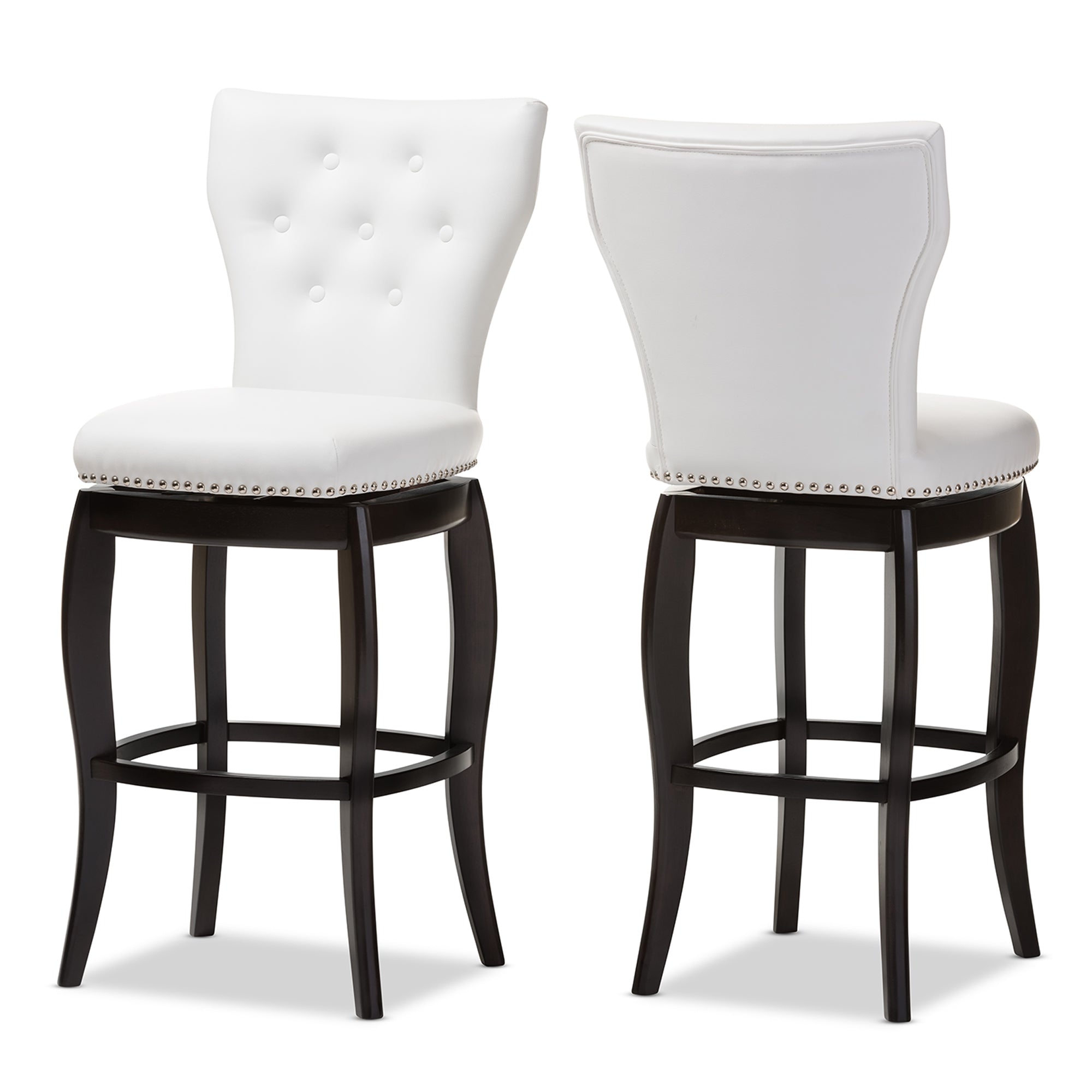 Baxton Studio Leonice Modern and Contemporary White Faux Leather Upholstered Button-tufted 29-Inch 2-Piece Swivel Bar Stool Set