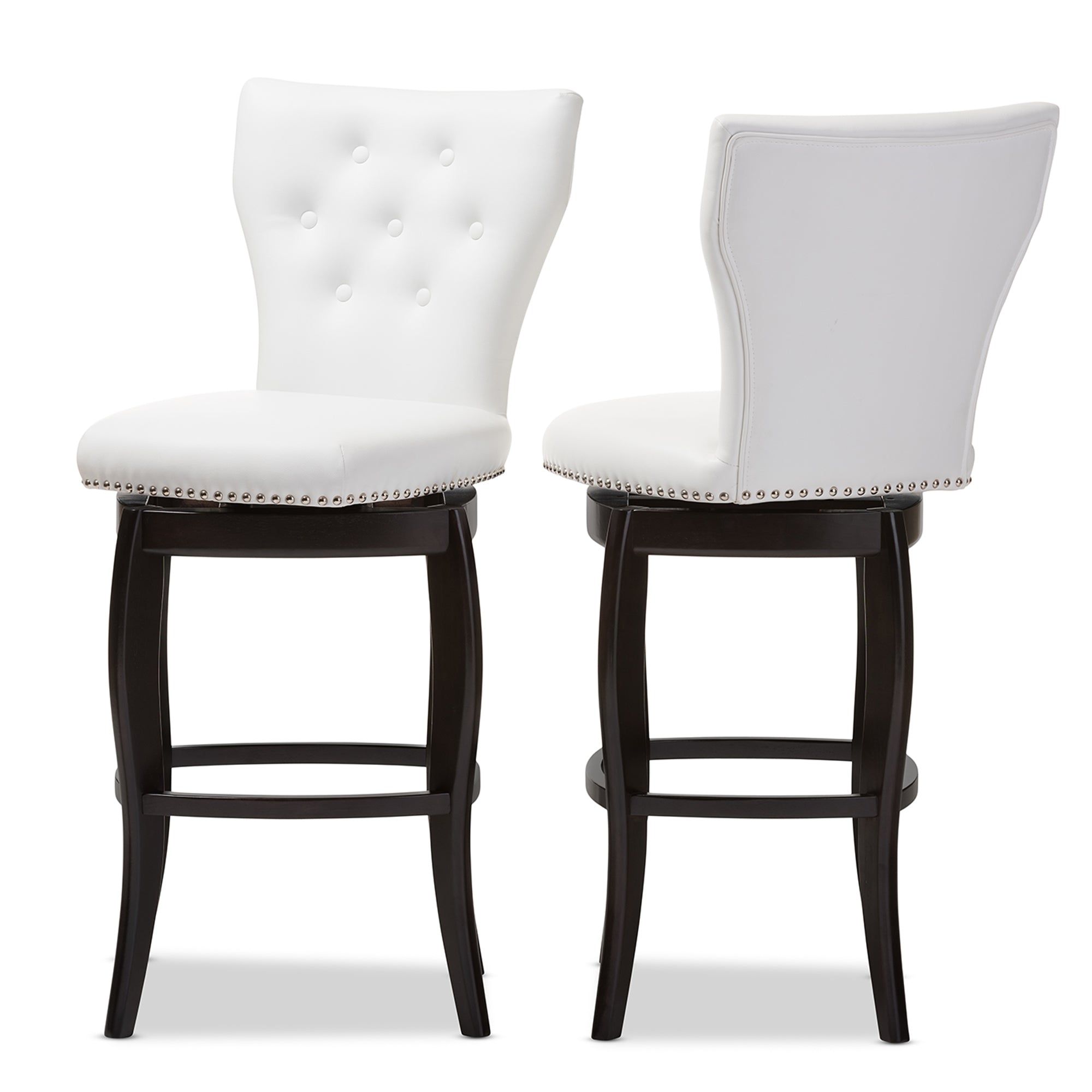 Baxton Studio Leonice Modern and Contemporary White Faux Leather Upholstered Button-tufted 29-Inch 2-Piece Swivel Bar Stool Set