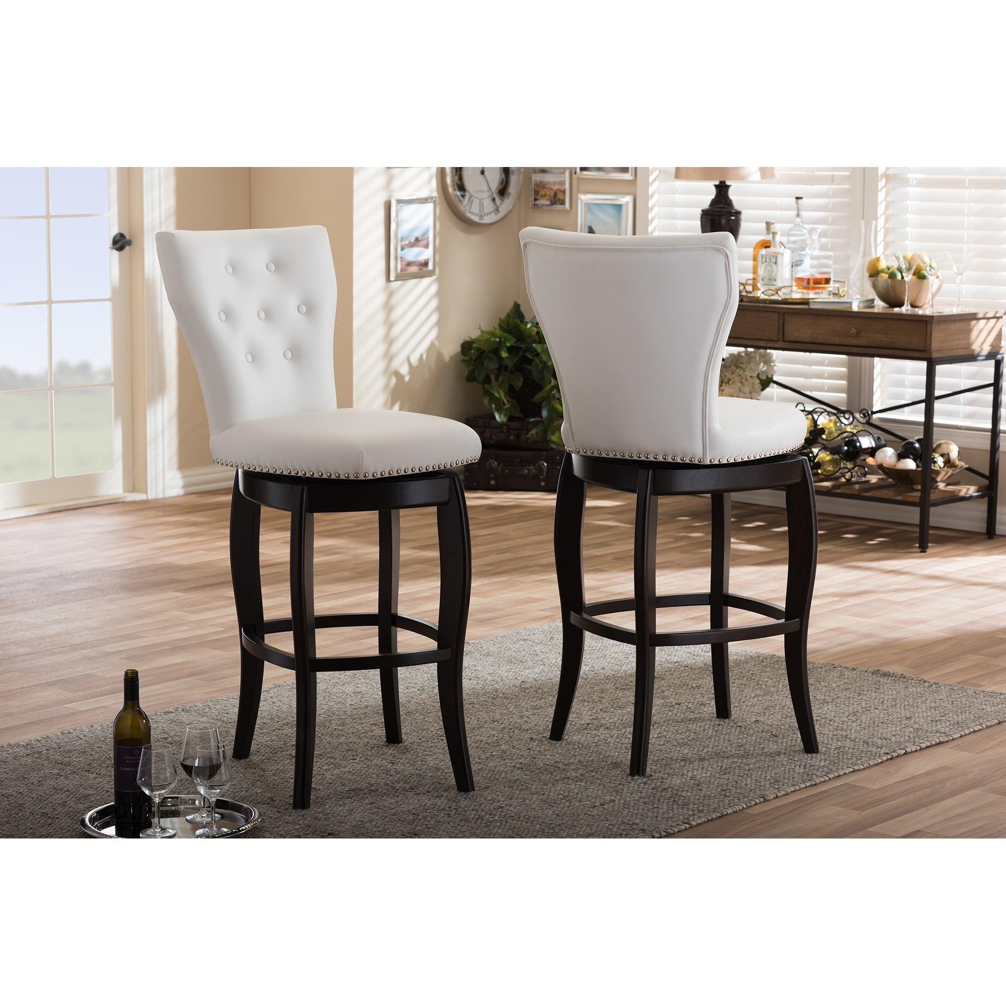 Baxton Studio Leonice Modern and Contemporary White Faux Leather Upholstered Button-tufted 29-Inch 2-Piece Swivel Bar Stool Set