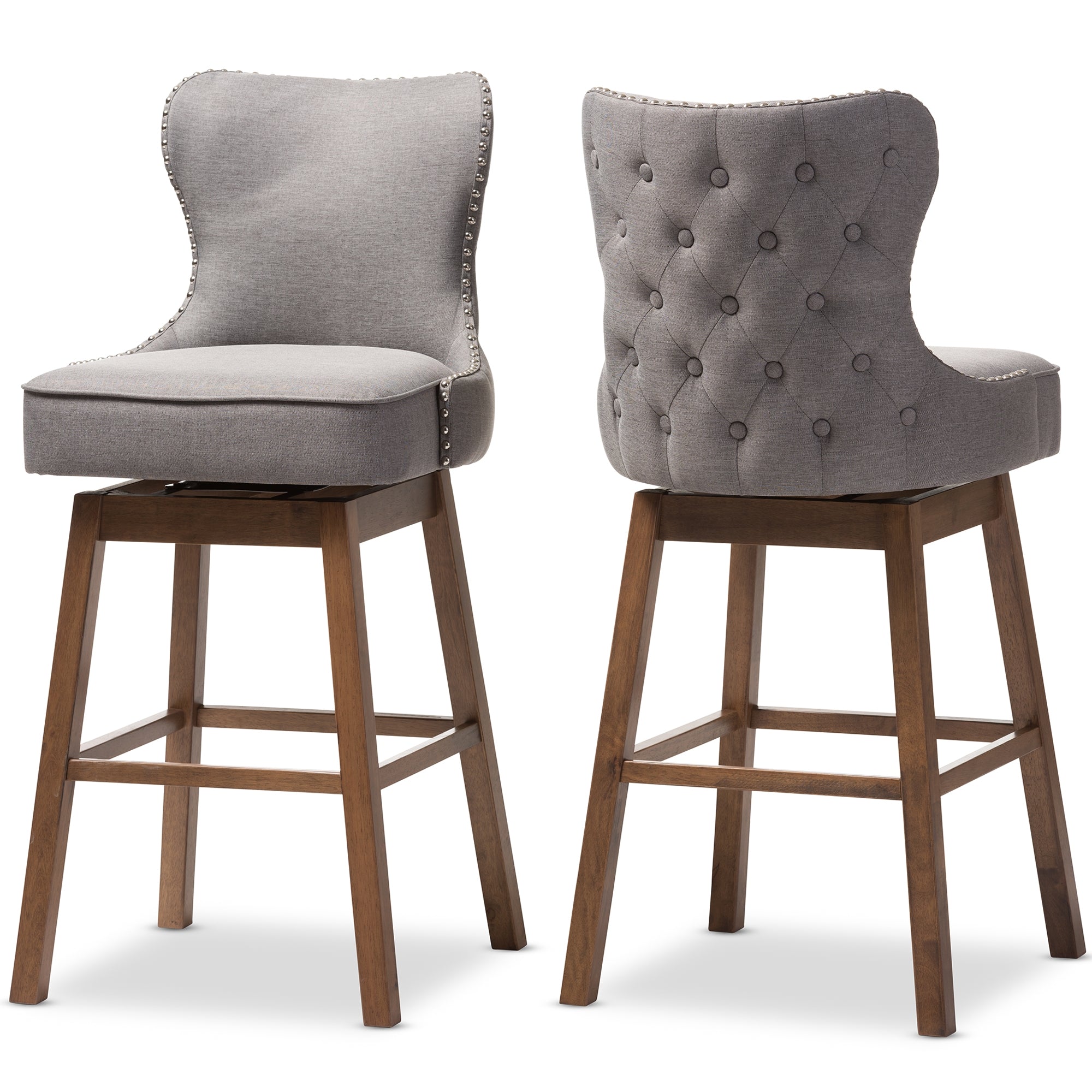 Baxton Studio Gradisca Modern and Contemporary Brown Wood Finishing and Grey Fabric Button-Tufted Upholstered 2-Piece Swivel Barstool Set