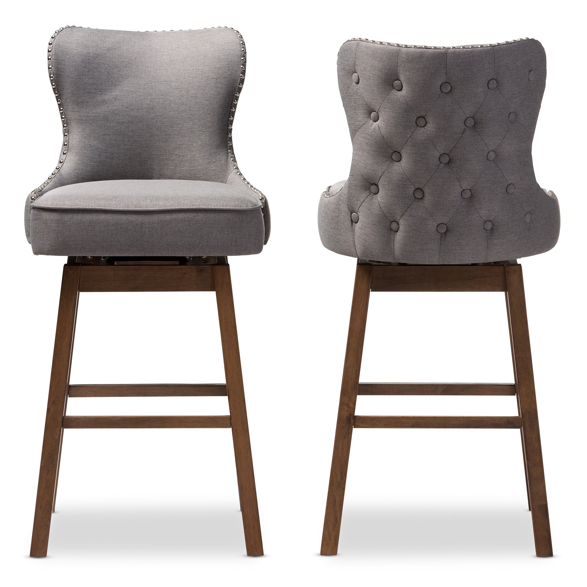 Baxton Studio Gradisca Modern and Contemporary Brown Wood Finishing and Grey Fabric Button-Tufted Upholstered 2-Piece Swivel Barstool Set