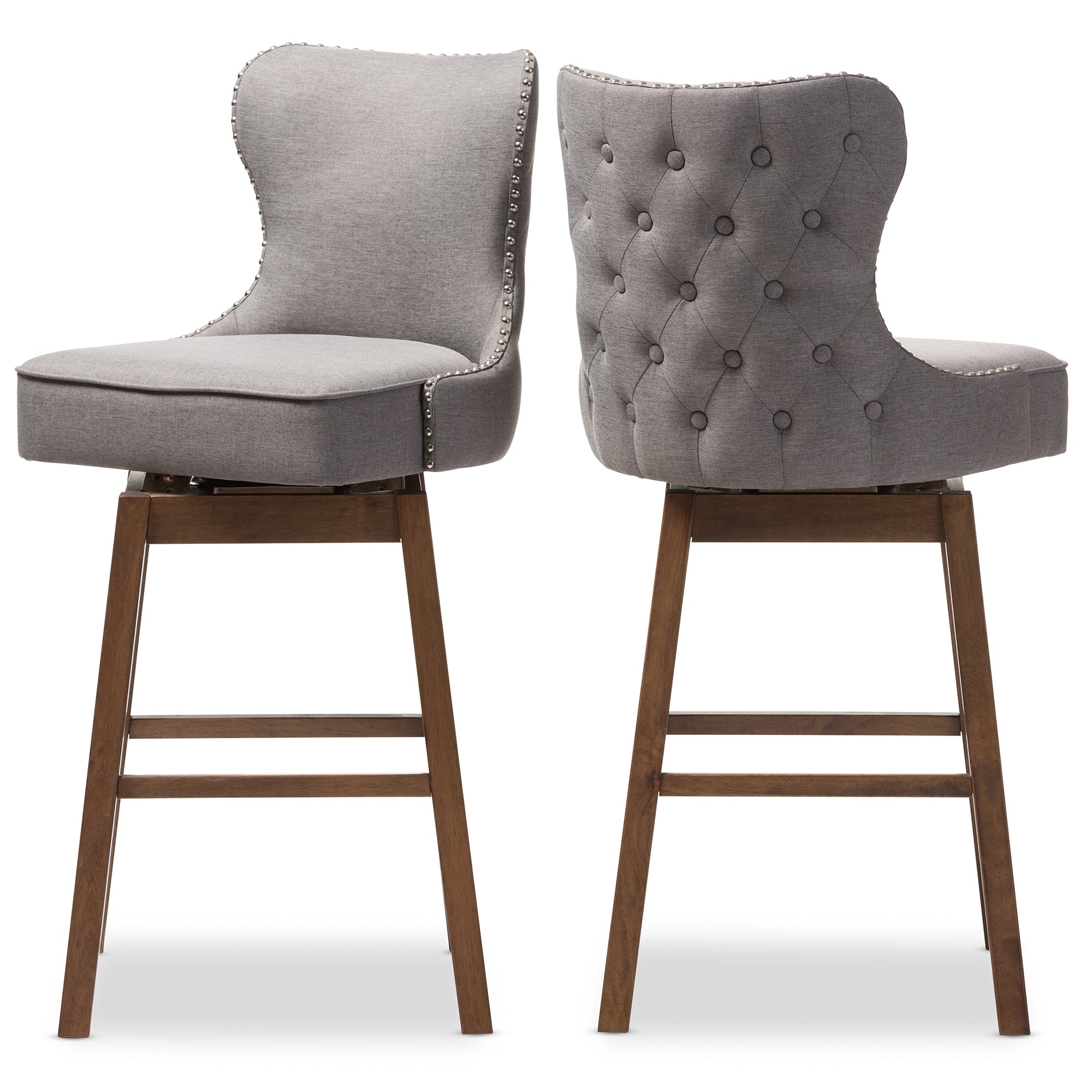 Baxton Studio Gradisca Modern and Contemporary Brown Wood Finishing and Grey Fabric Button-Tufted Upholstered 2-Piece Swivel Barstool Set