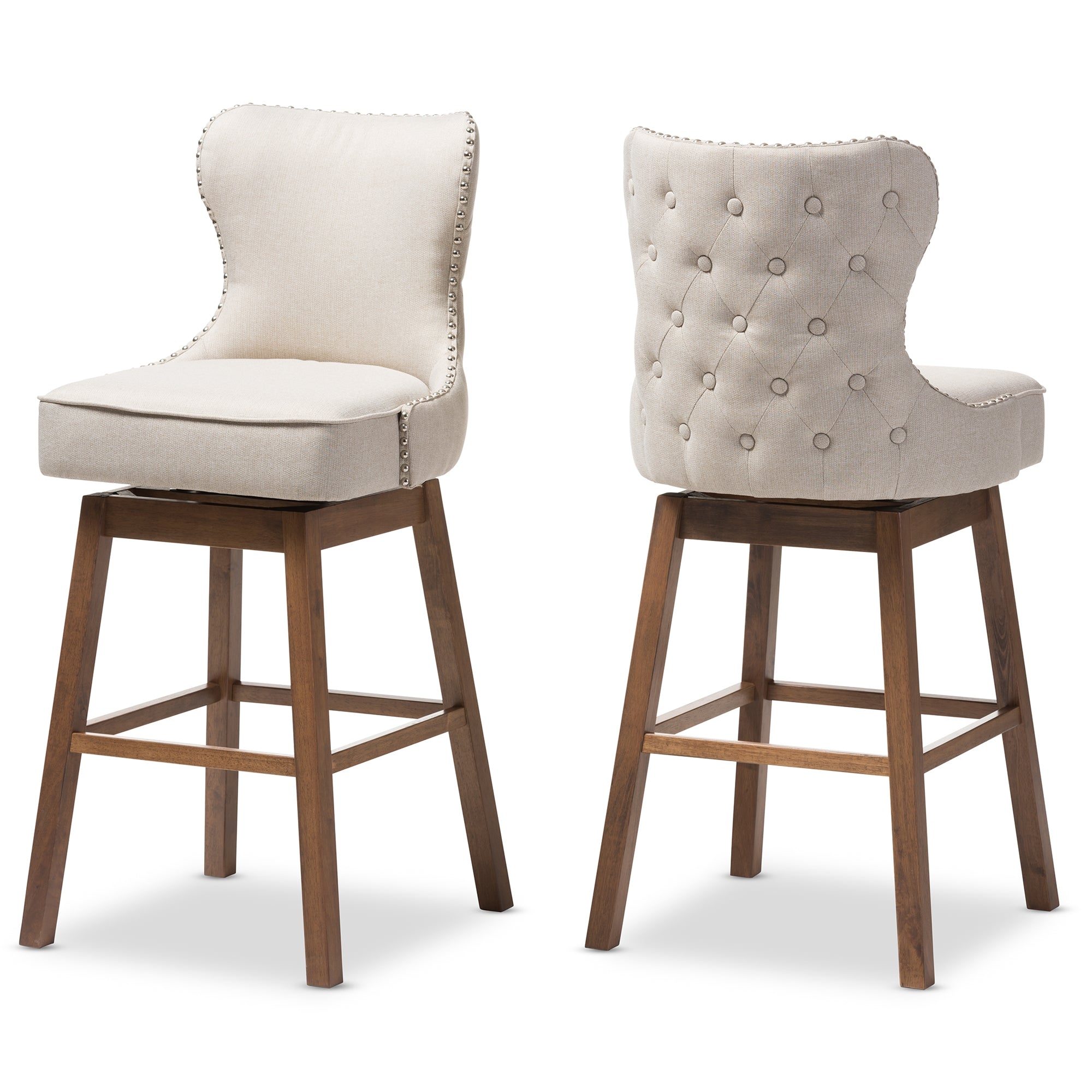 Baxton Studio Gradisca Modern and Contemporary Brown Wood Finishing and Light Beige Fabric Button-Tufted Upholstered 2-Piece Swivel Barstool Set