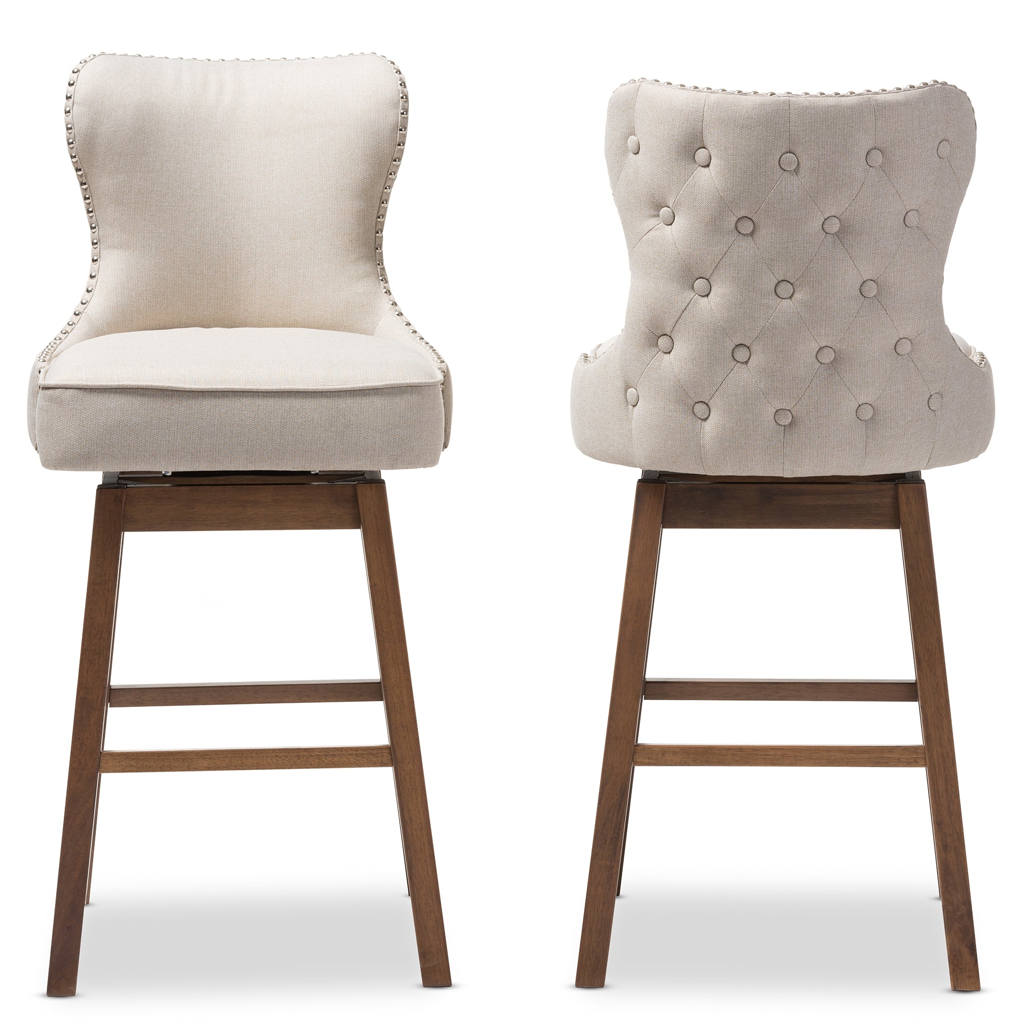Baxton Studio Gradisca Modern and Contemporary Brown Wood Finishing and Light Beige Fabric Button-Tufted Upholstered 2-Piece Swivel Barstool Set