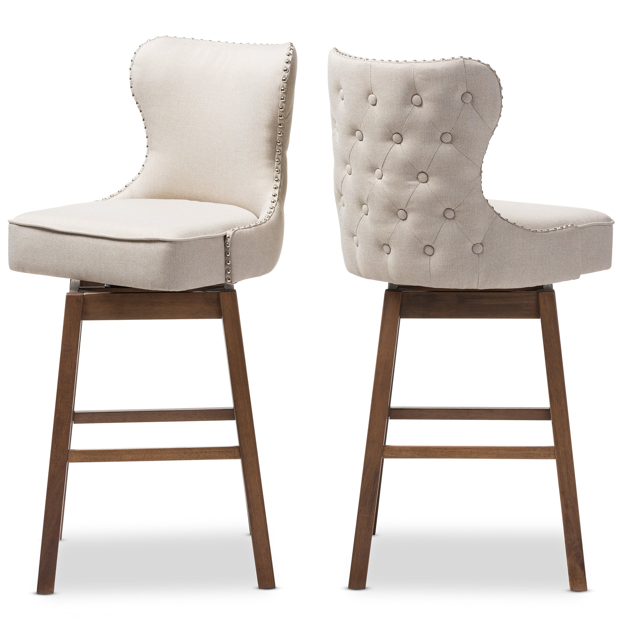 Baxton Studio Gradisca Modern and Contemporary Brown Wood Finishing and Light Beige Fabric Button-Tufted Upholstered 2-Piece Swivel Barstool Set