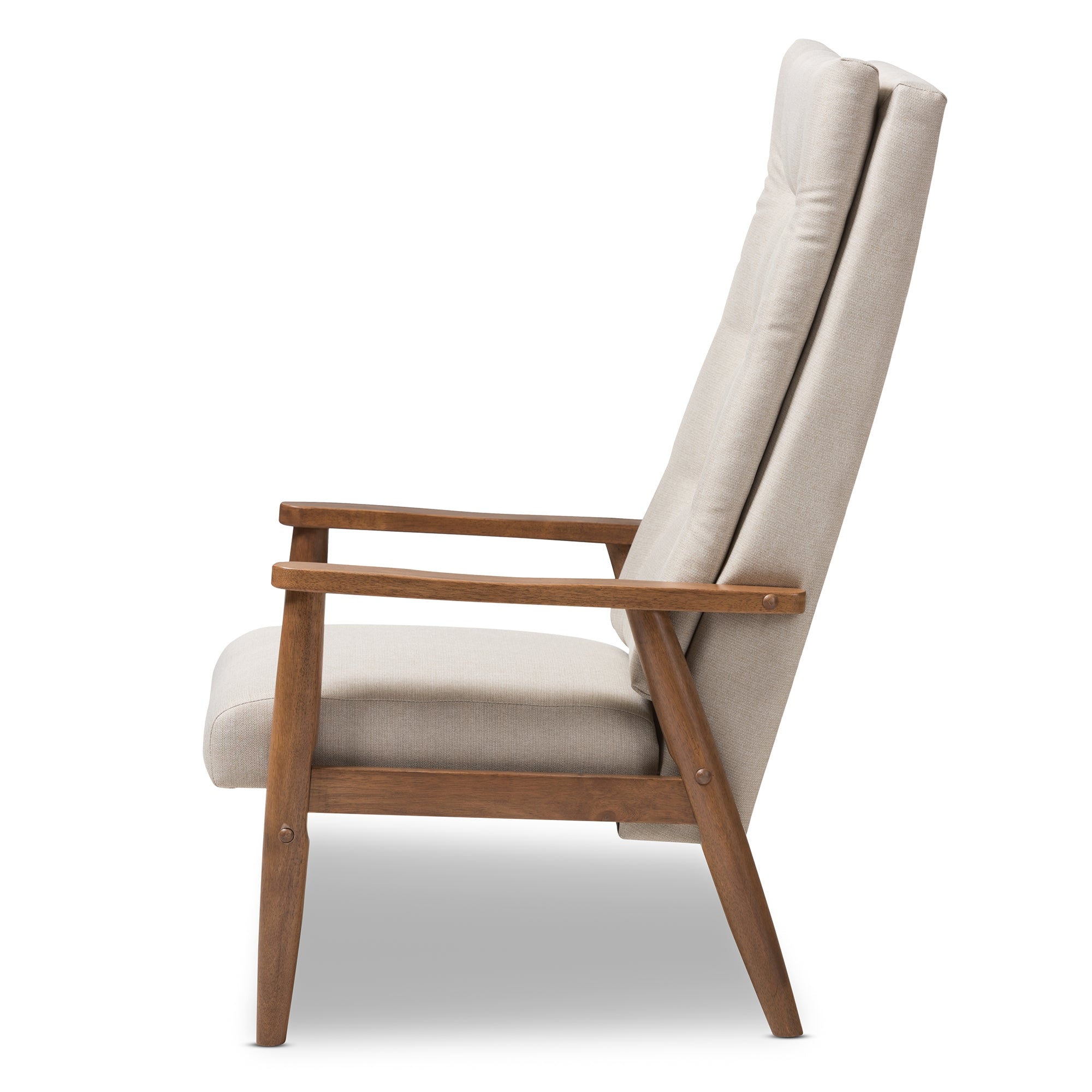 Baxton Studio Roxy Mid-Century Modern Walnut Brown Finish Wood and Light Beige Fabric Upholstered Button-Tufted High-Back Chair