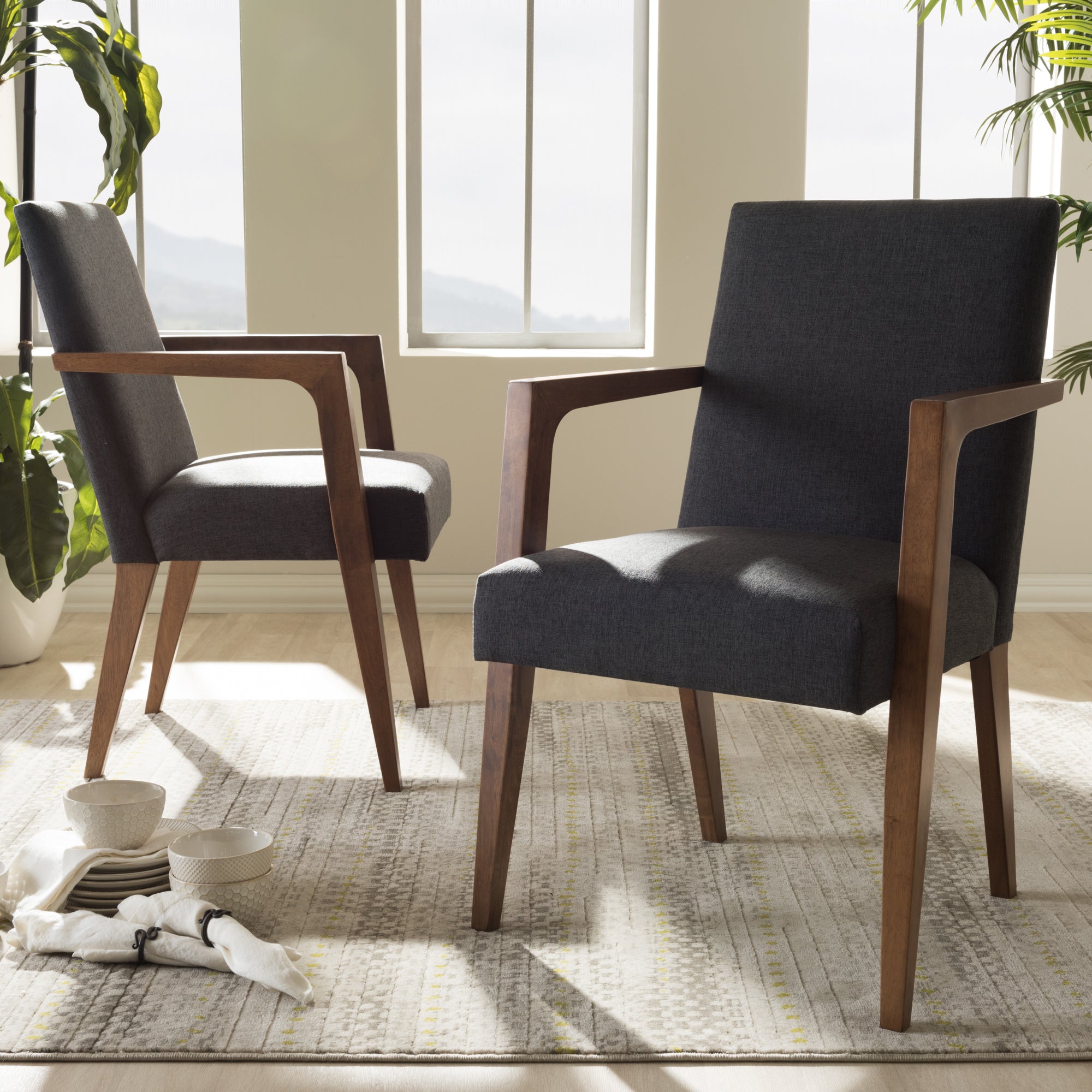 Baxton Studio Andrea Mid-Century Modern Dark Grey Upholstered Wooden 2-Piece Lounge Set