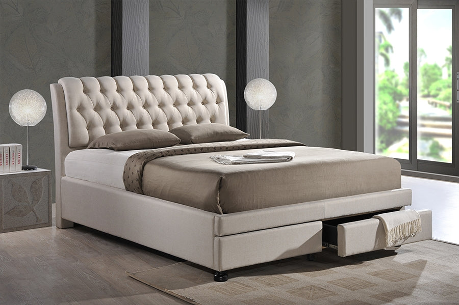 Baxton Studio Ainge Contemporary Button-Tufted Light Beige Fabric Upholstered Storage King-Size  Bed with 2-drawer One (1) King Size Bed
