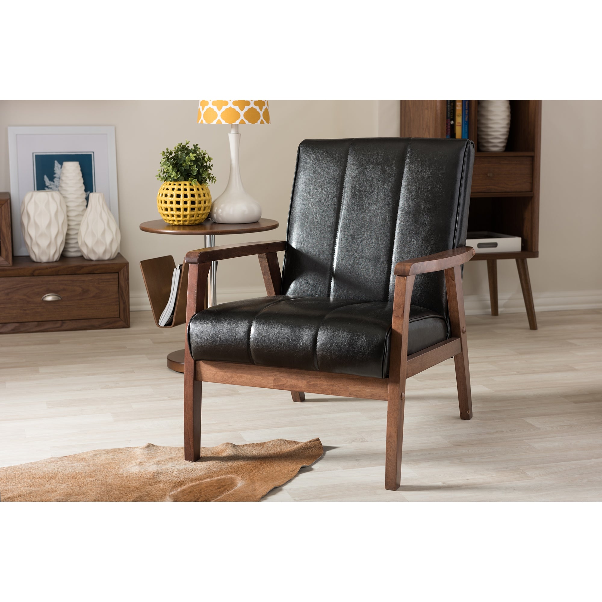 Baxton Studio Nikko Mid-century Modern Scandinavian Style Black Faux Leather Wooden Lounge Chair