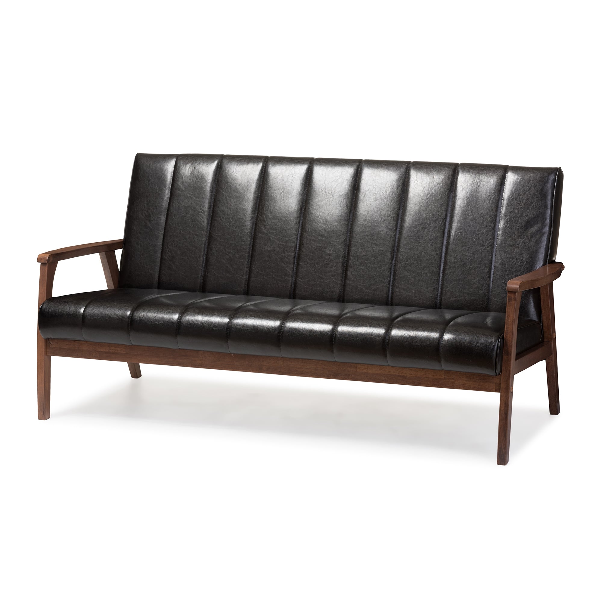 Baxton Studio Nikko Mid-century Modern Scandinavian Style Black Faux Leather Wooden 3-Seater Sofa