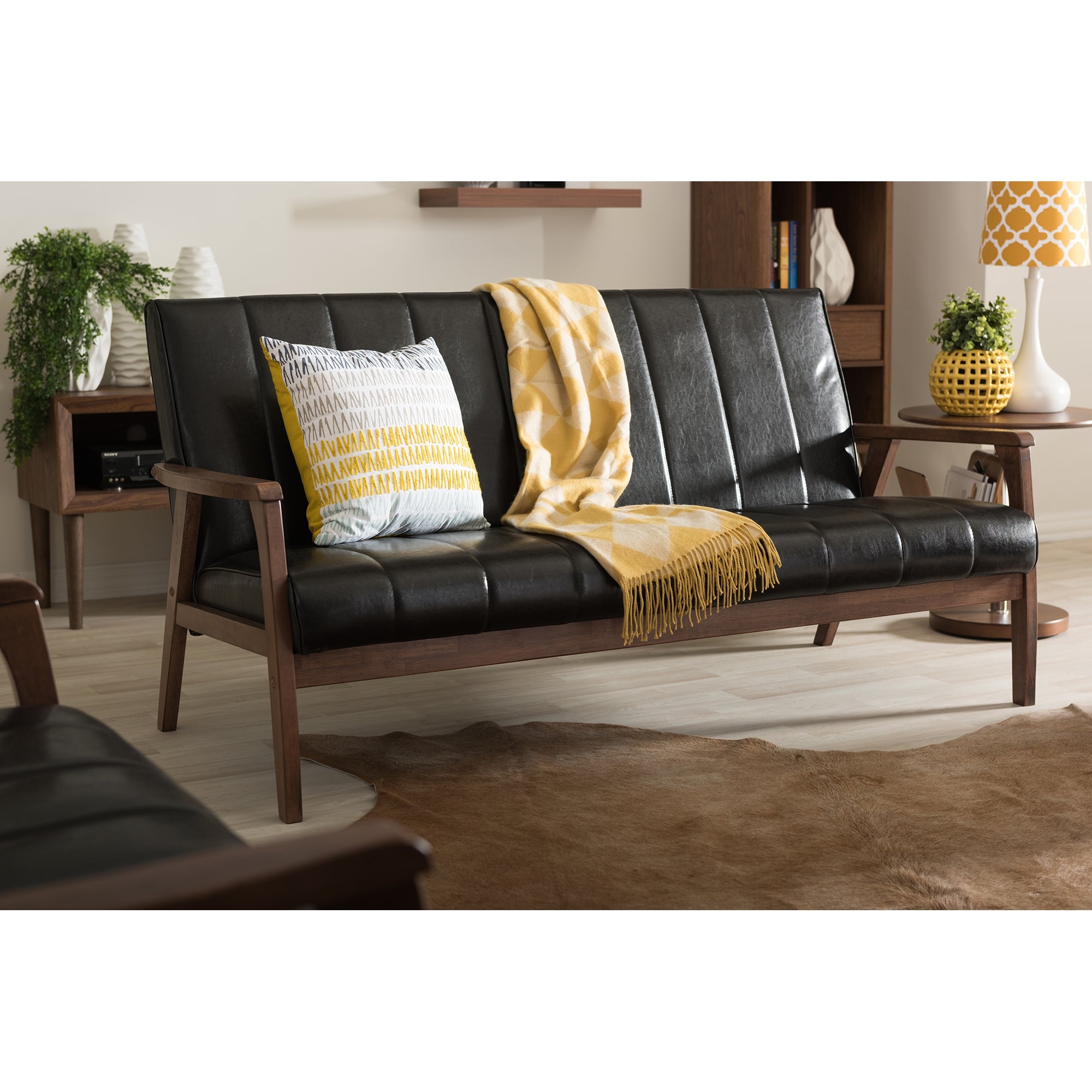 Baxton Studio Nikko Mid-century Modern Scandinavian Style Black Faux Leather 3 Pieces Living Room Sets