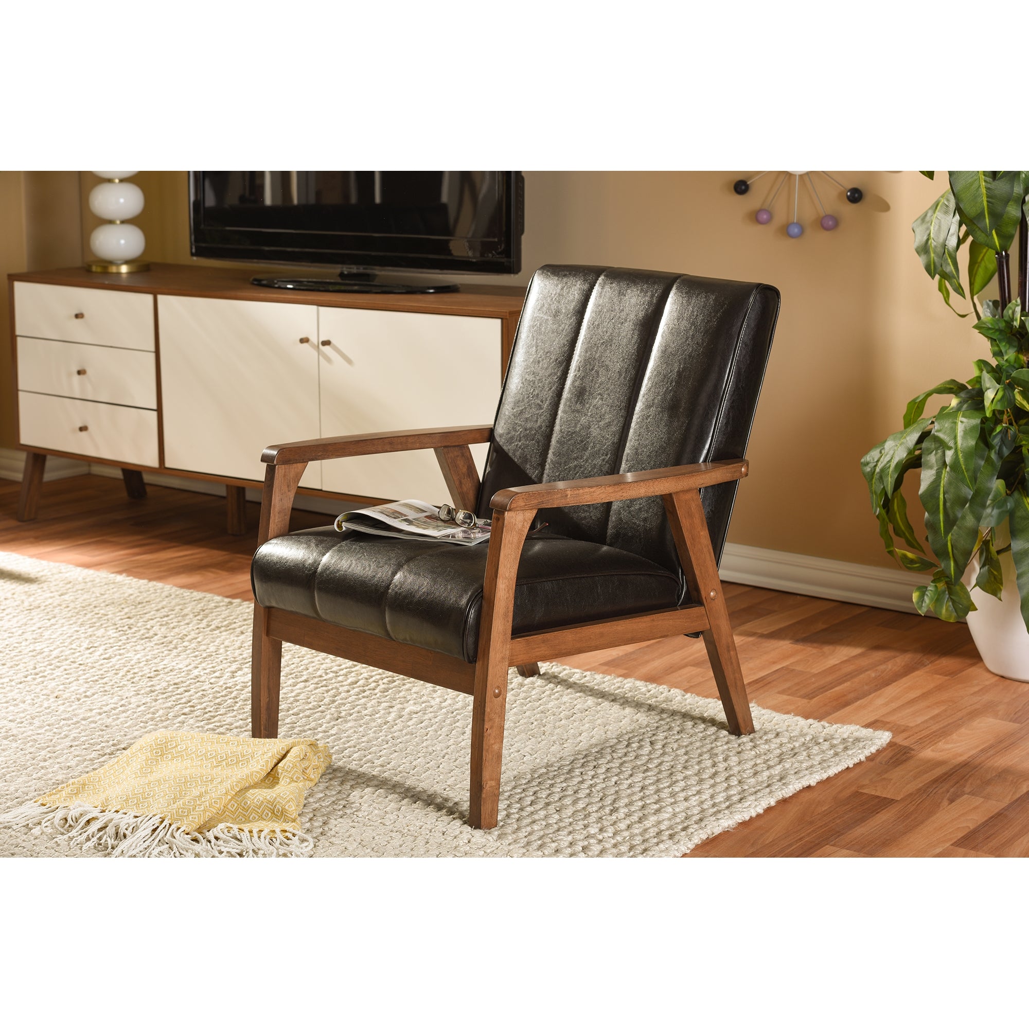 Baxton Studio Nikko Mid-century Modern Scandinavian Style Dark Brown Faux Leather Wooden Lounge Chair