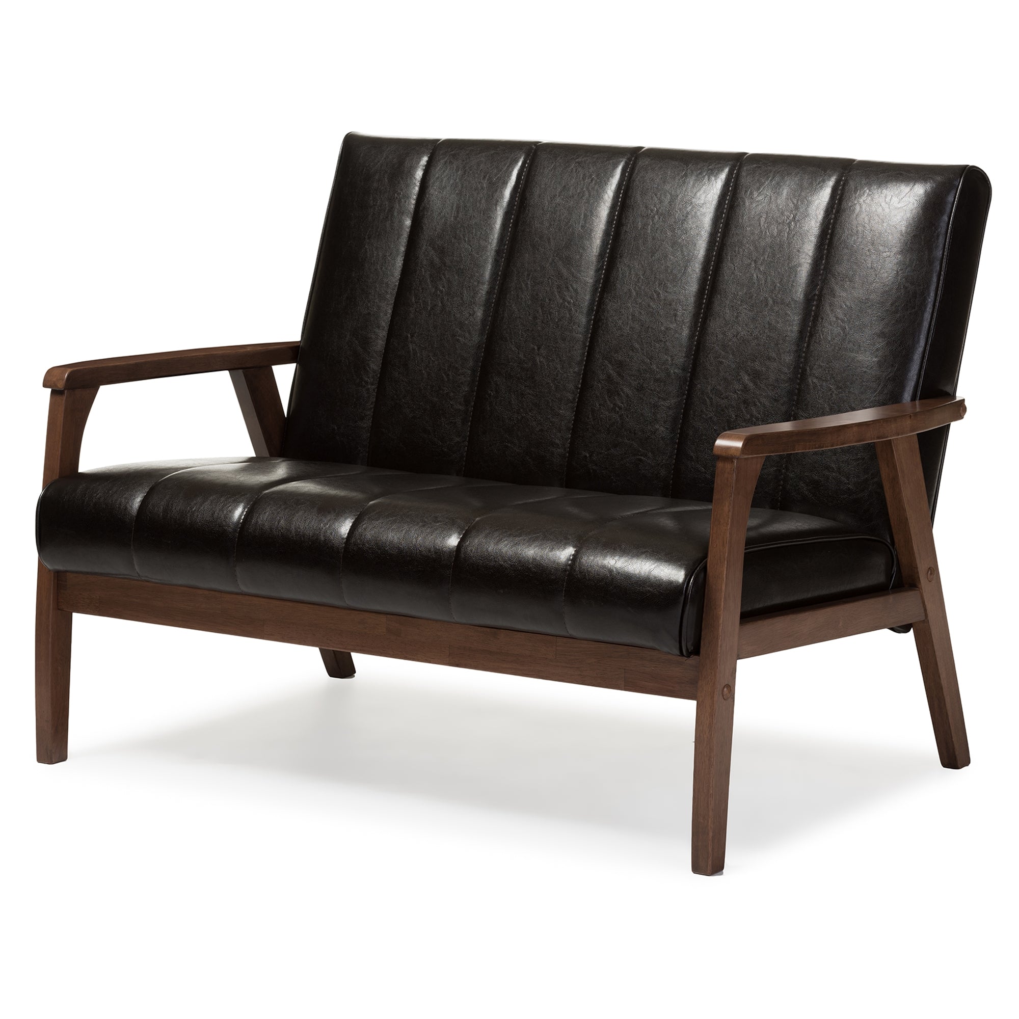 Baxton Studio Nikko Mid-century Modern Scandinavian Style Dark Brown Faux Leather Wooden 2-Seater Loveseat