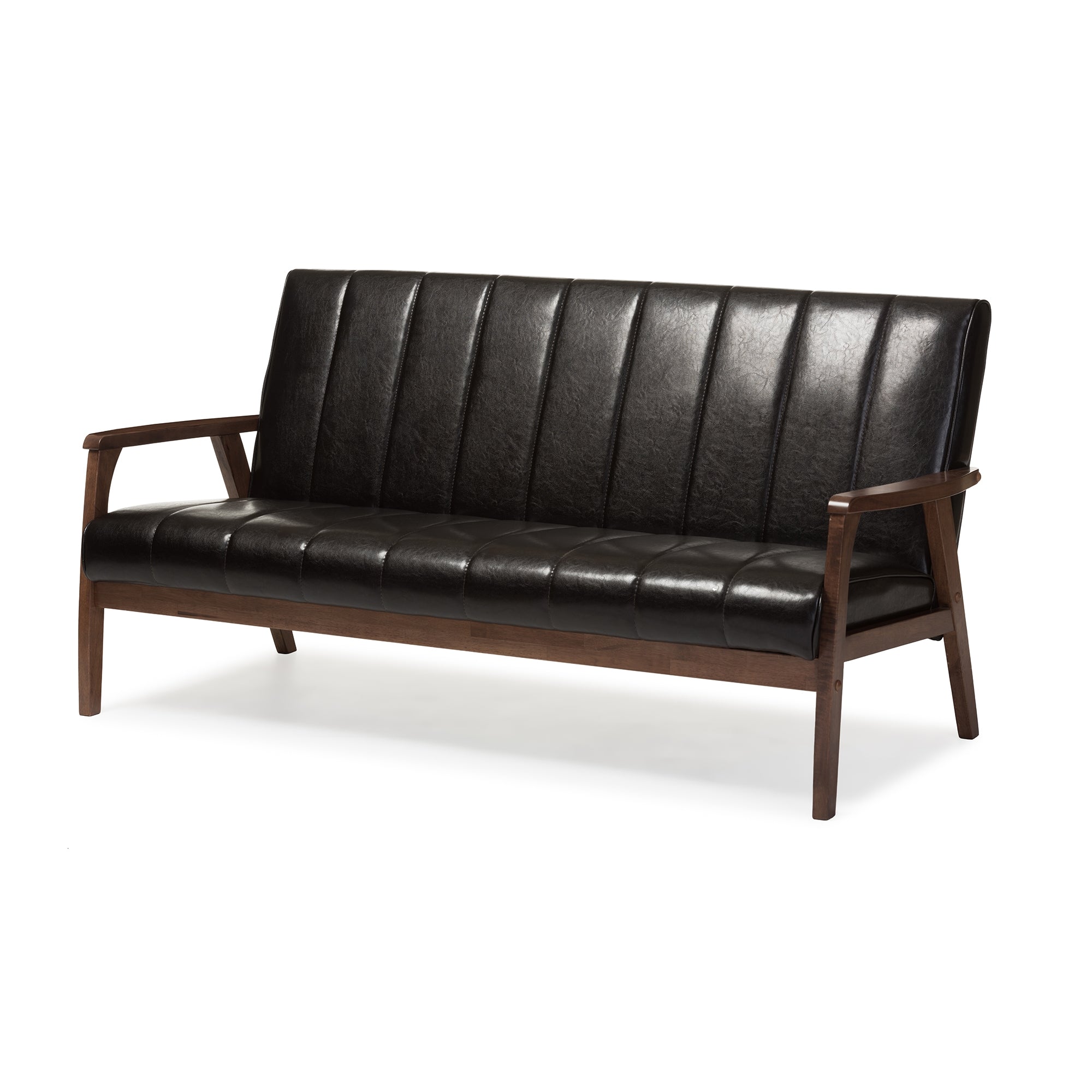 Baxton Studio Nikko Mid-century Modern Scandinavian Style Dark Brown Faux Leather Wooden 3-Seater Sofa