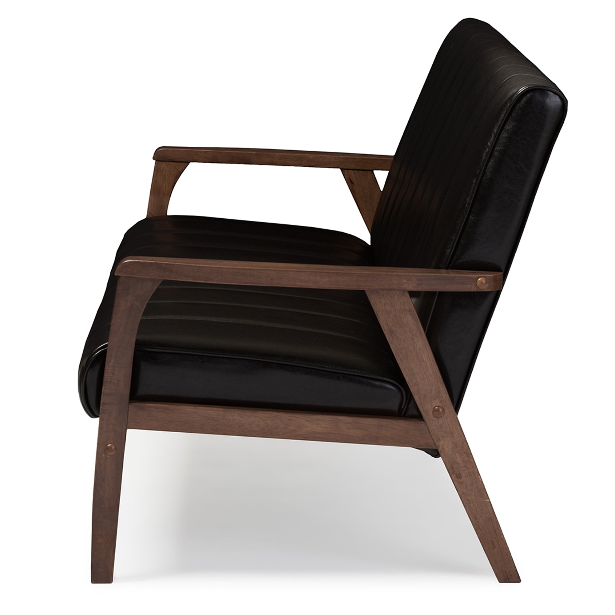 Baxton Studio Nikko Mid-century Modern Scandinavian Style Dark Brown Faux Leather Wooden 3-Seater Sofa