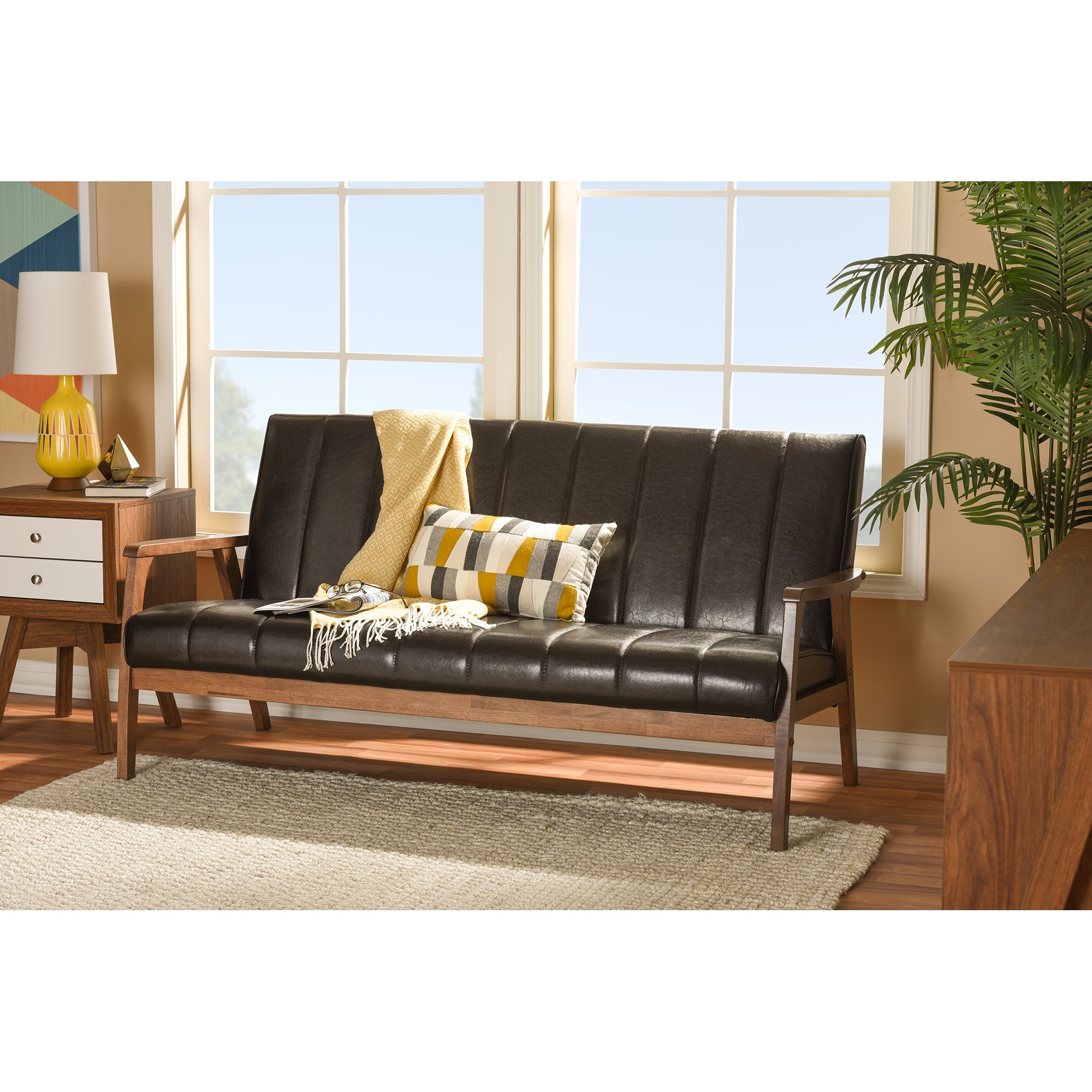 Baxton Studio Nikko Mid-century Modern Scandinavian Style Dark Brown Faux Leather Wooden 3-Seater Sofa