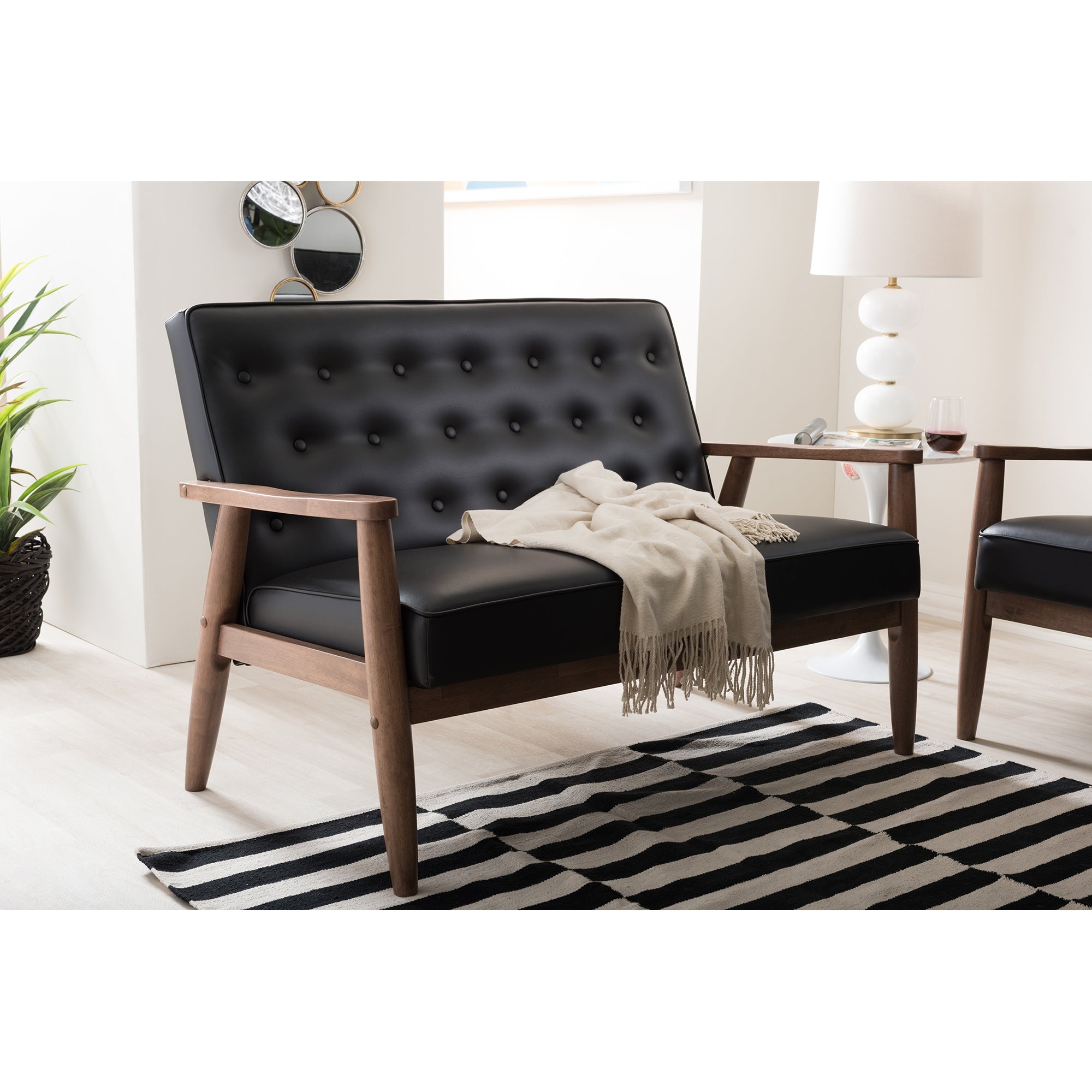 Baxton Studio Sorrento Mid-century Retro Modern Black Faux Leather Upholstered Wooden 2-seater Loveseat