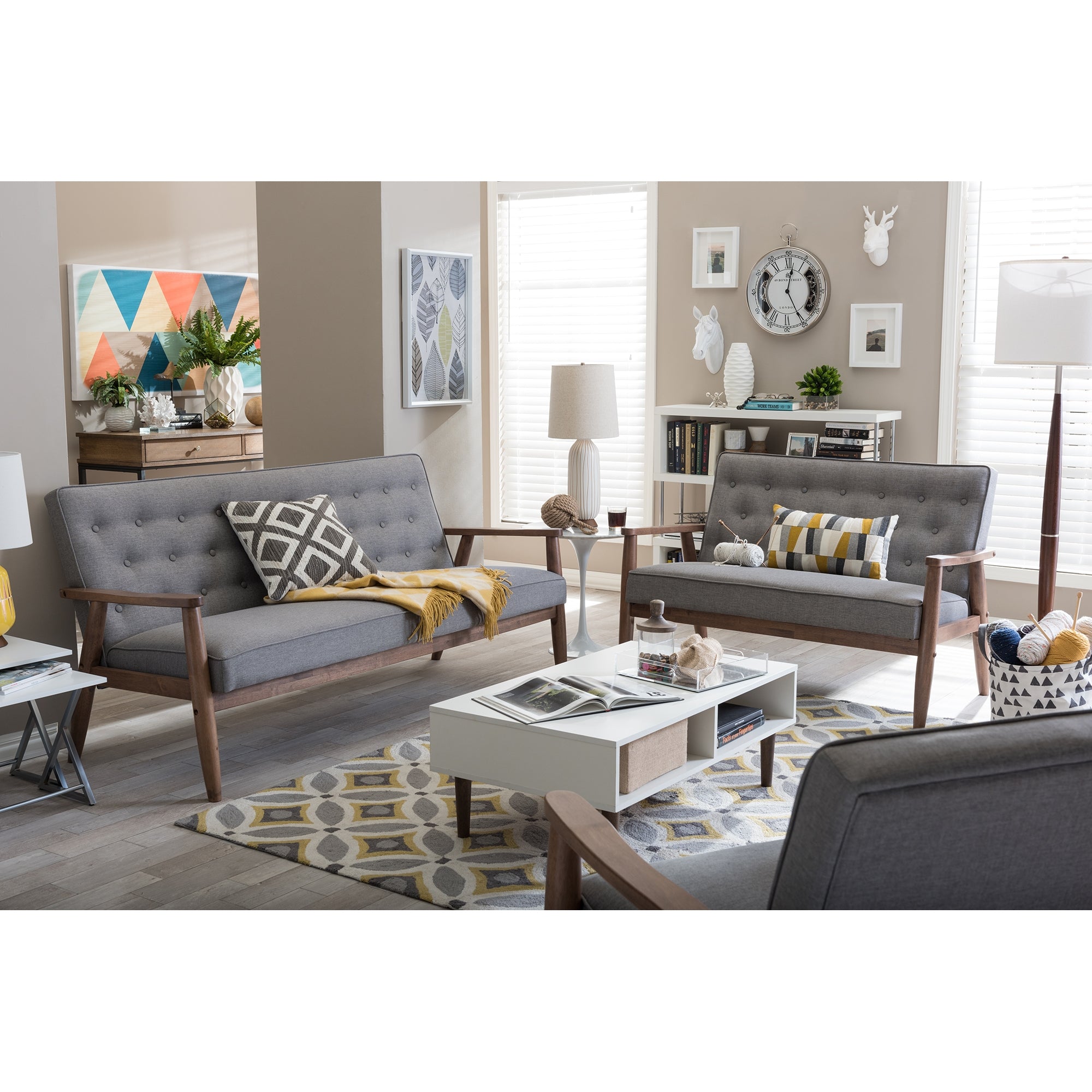 Baxton Studio Sorrento Mid-century Retro Modern Grey Fabric  Upholstered Wooden 3 Piece Living room Set