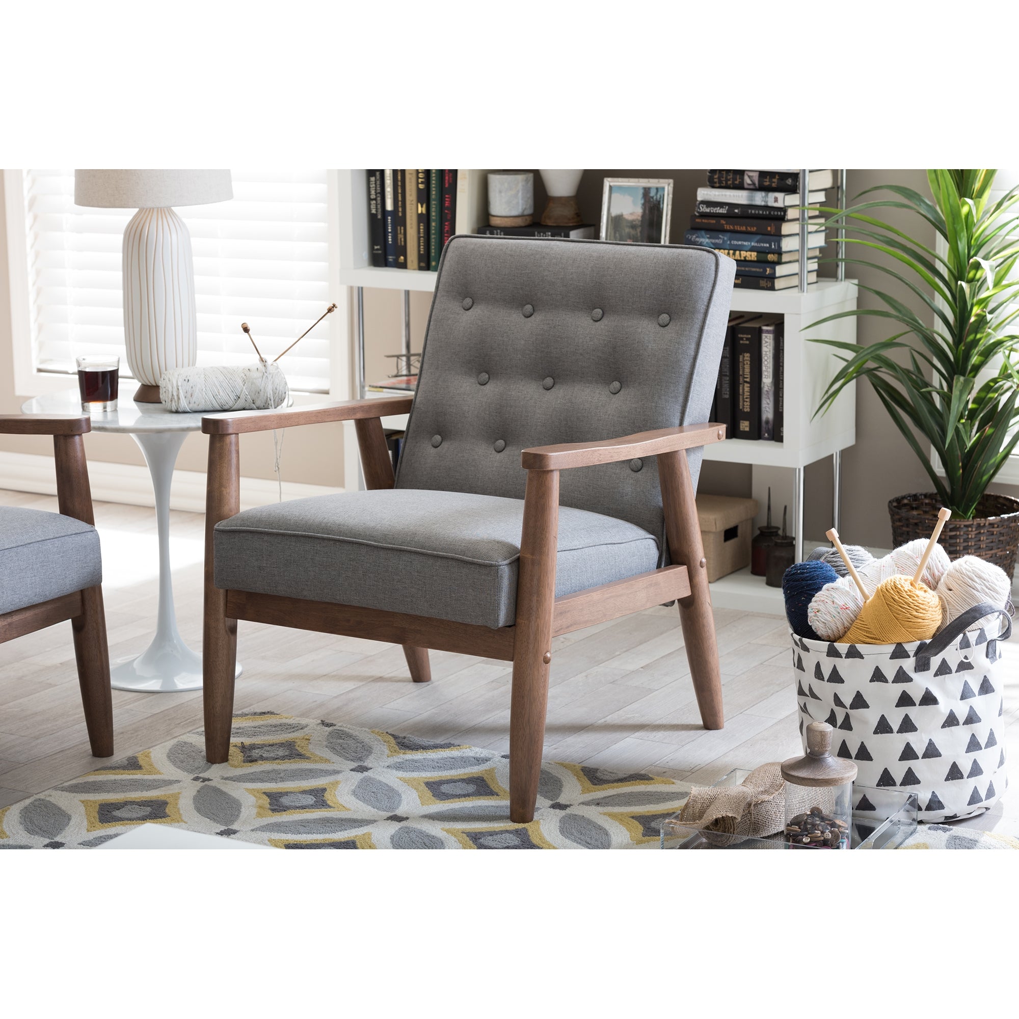 Baxton Studio Sorrento Mid-century Retro Modern Grey Fabric Upholstered Wooden Lounge Chair