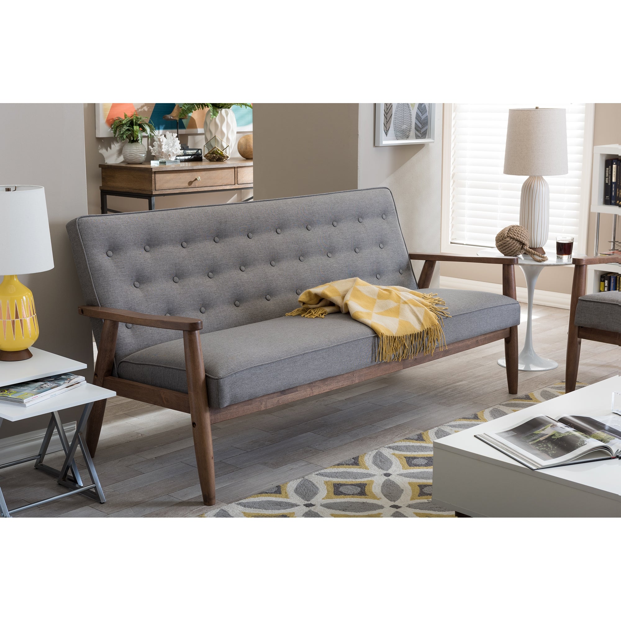 Baxton Studio Sorrento Mid-century Retro Modern Grey Fabric Upholstered Wooden 3-seater Sofa