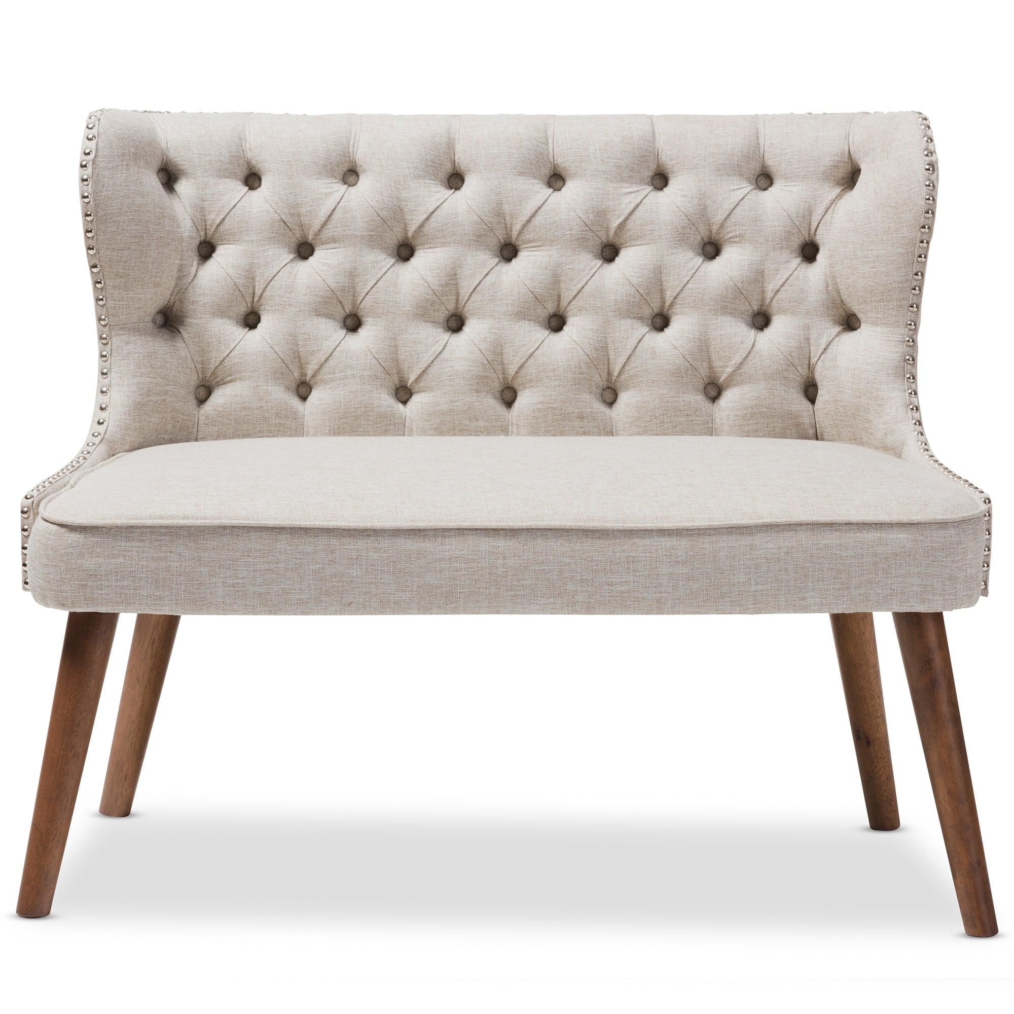 Baxton Studio Scarlett Mid-Century Modern Brown Wood and Light Beige Fabric Upholstered Button-Tufting with Nail Heads Trim 2-Seater Loveseat Settee