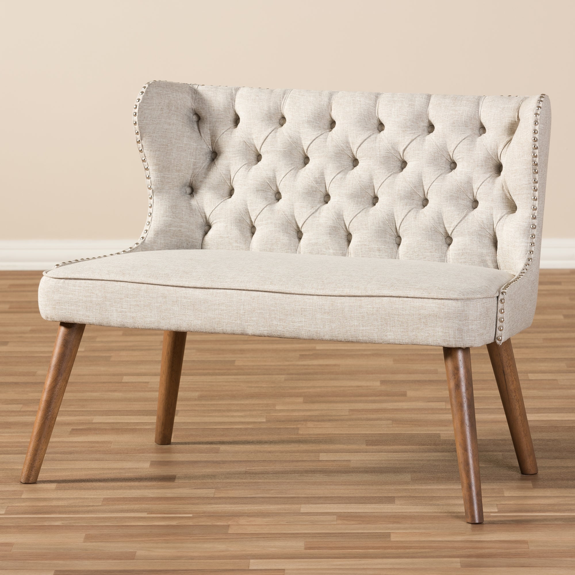 Baxton Studio Scarlett Mid-Century Modern Brown Wood and Light Beige Fabric Upholstered Button-Tufting with Nail Heads Trim 2-Seater Loveseat Settee
