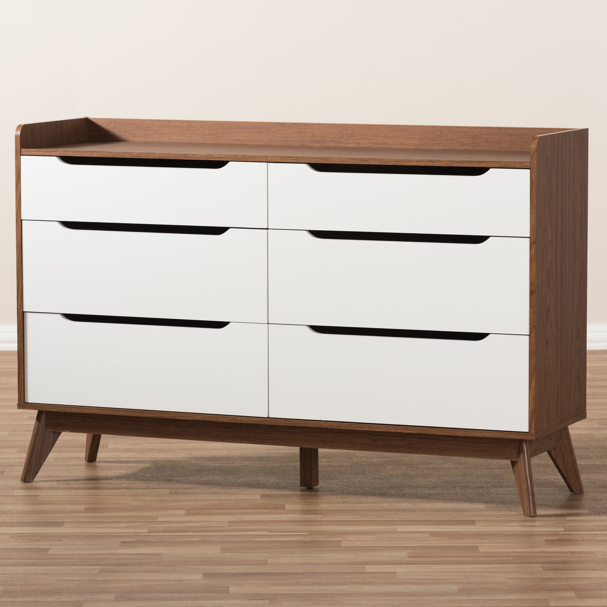 Baxton Studio Brighton Mid-Century Modern White and Walnut Wood 6-Drawer Storage Dresser