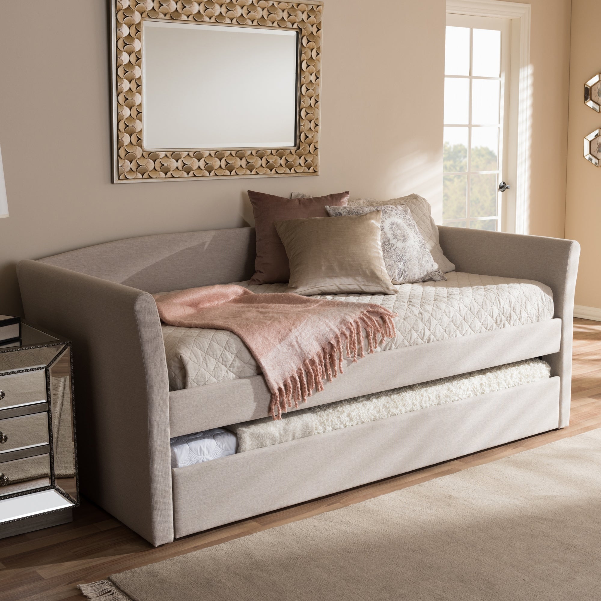Baxton Studio Camino Modern and Contemporary Beige Fabric Upholstered Daybed with Guest Trundle Bed