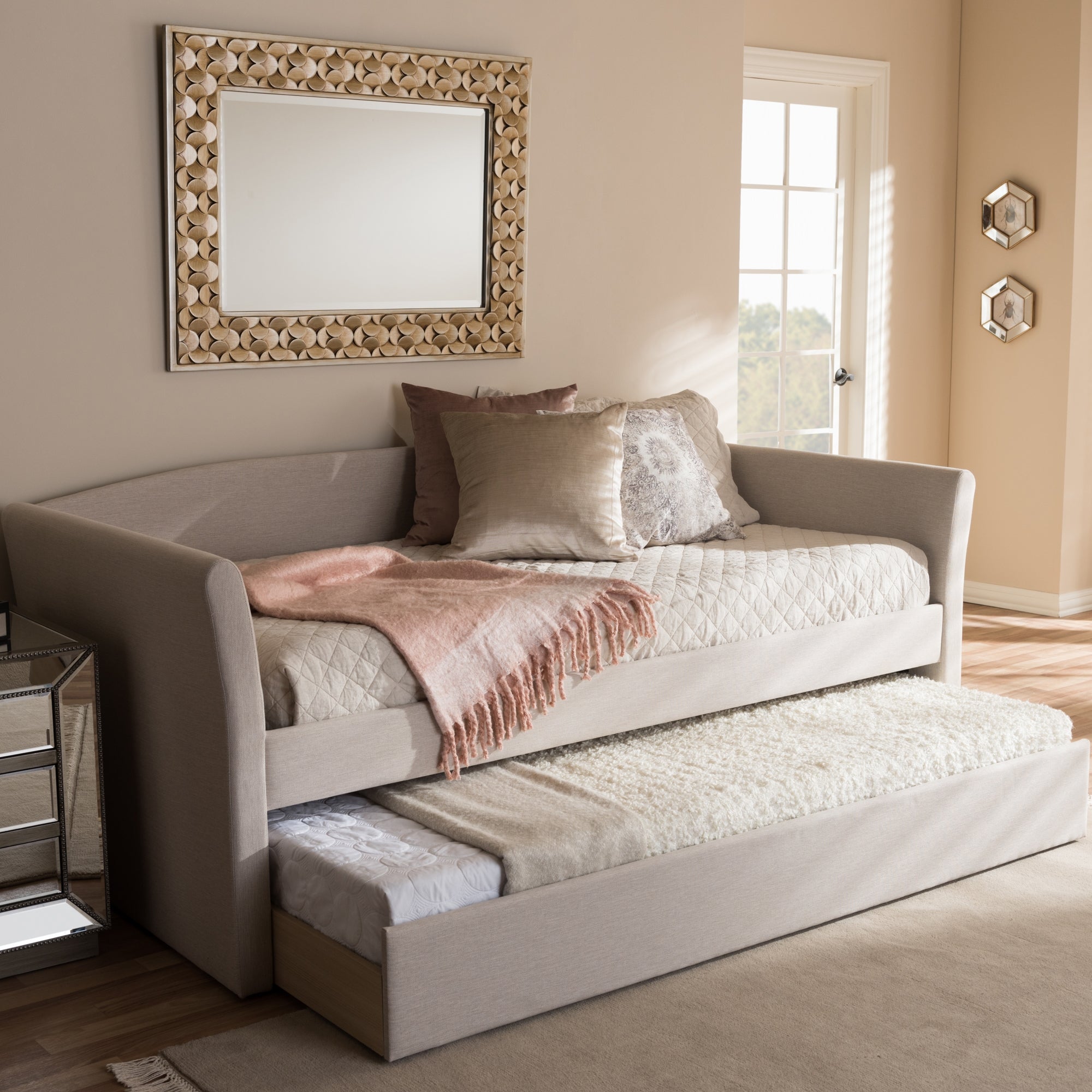 Baxton Studio Camino Modern and Contemporary Beige Fabric Upholstered Daybed with Guest Trundle Bed
