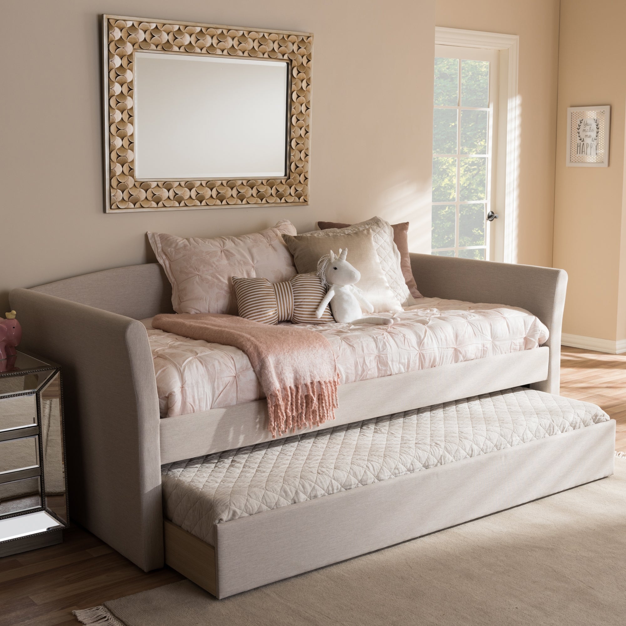 Baxton Studio Camino Modern and Contemporary Beige Fabric Upholstered Daybed with Guest Trundle Bed