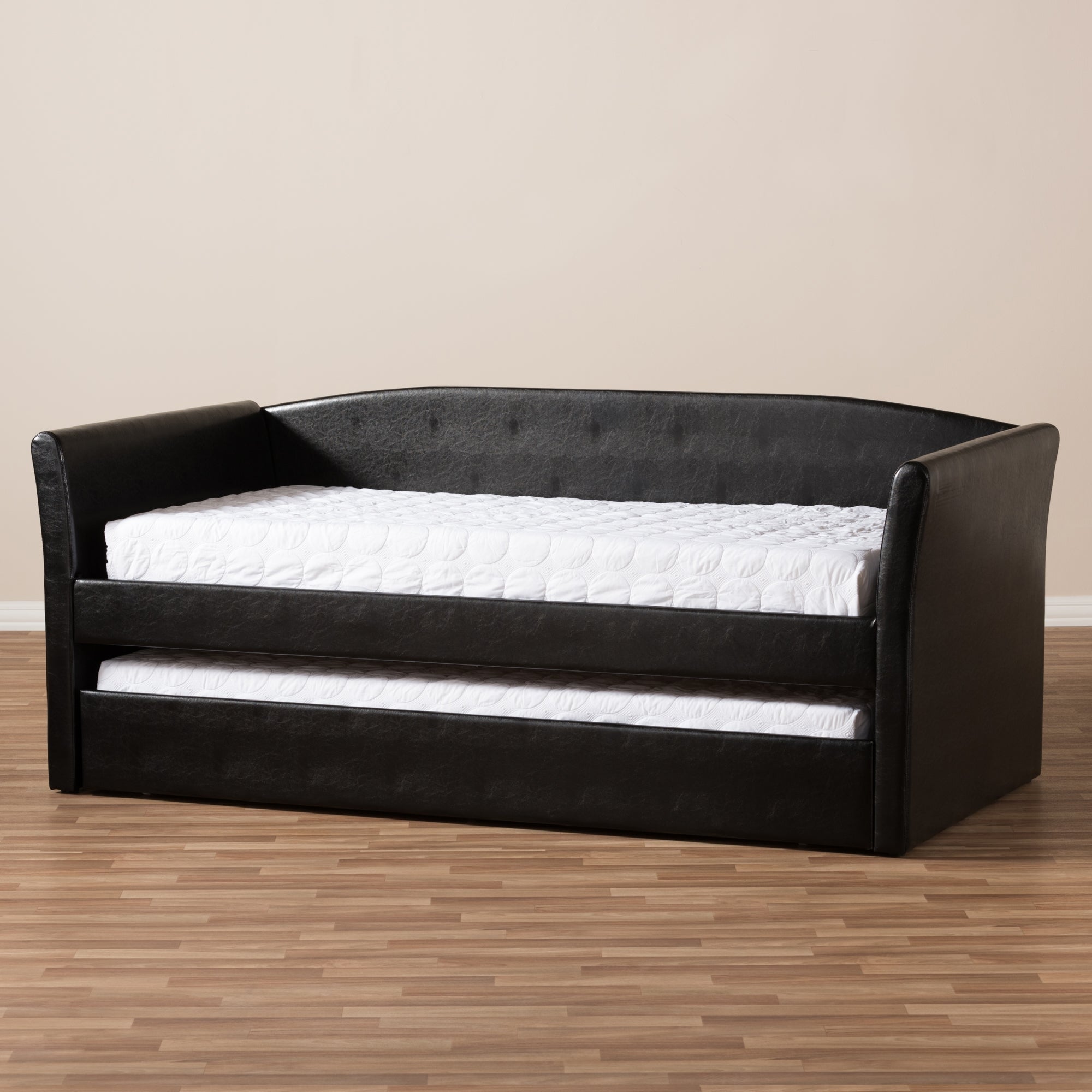 Baxton Studio Camino Modern and Contemporary Black Faux Leather Upholstered Daybed with Guest Trundle Bed