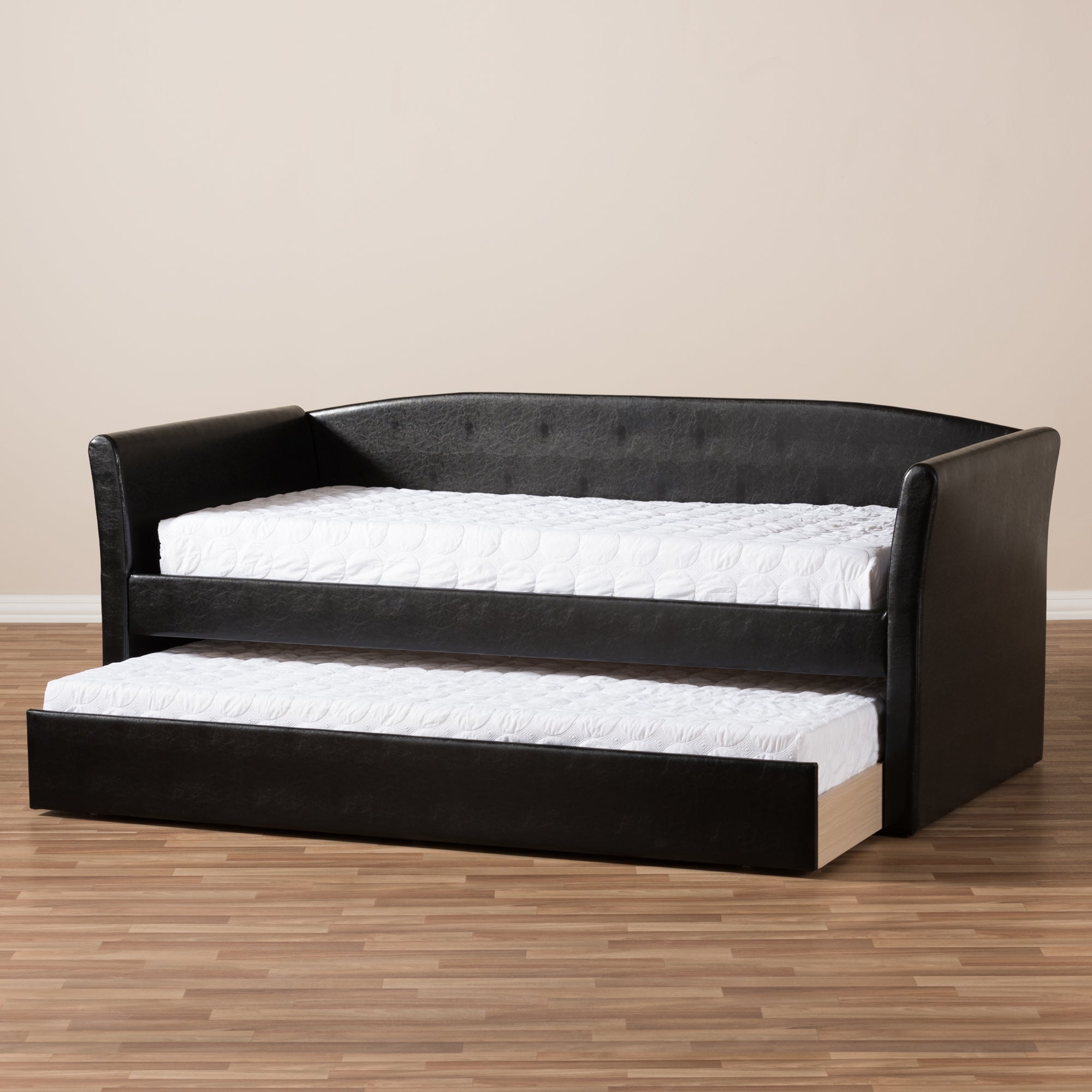 Baxton Studio Camino Modern and Contemporary Black Faux Leather Upholstered Daybed with Guest Trundle Bed