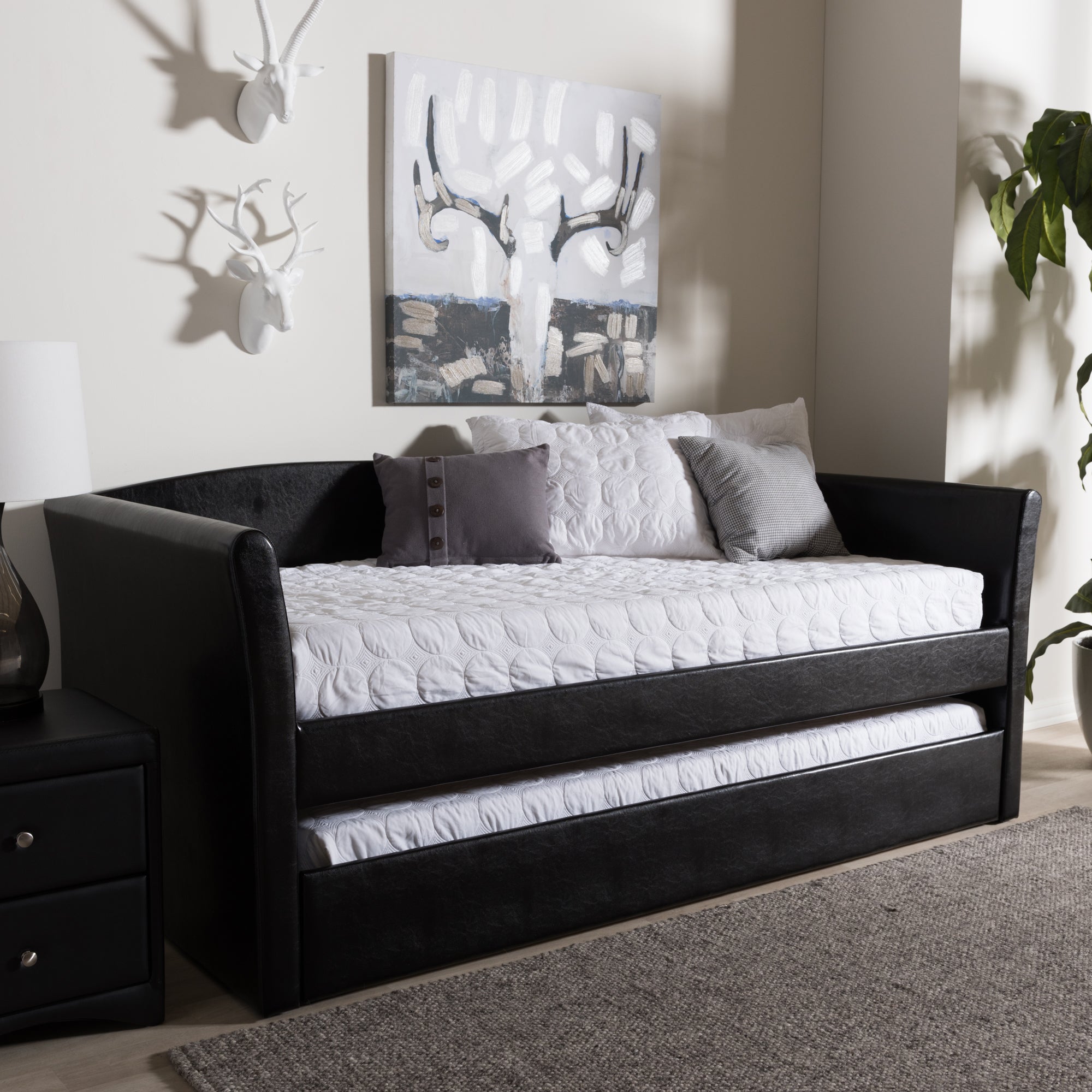 Baxton Studio Camino Modern and Contemporary Black Faux Leather Upholstered Daybed with Guest Trundle Bed
