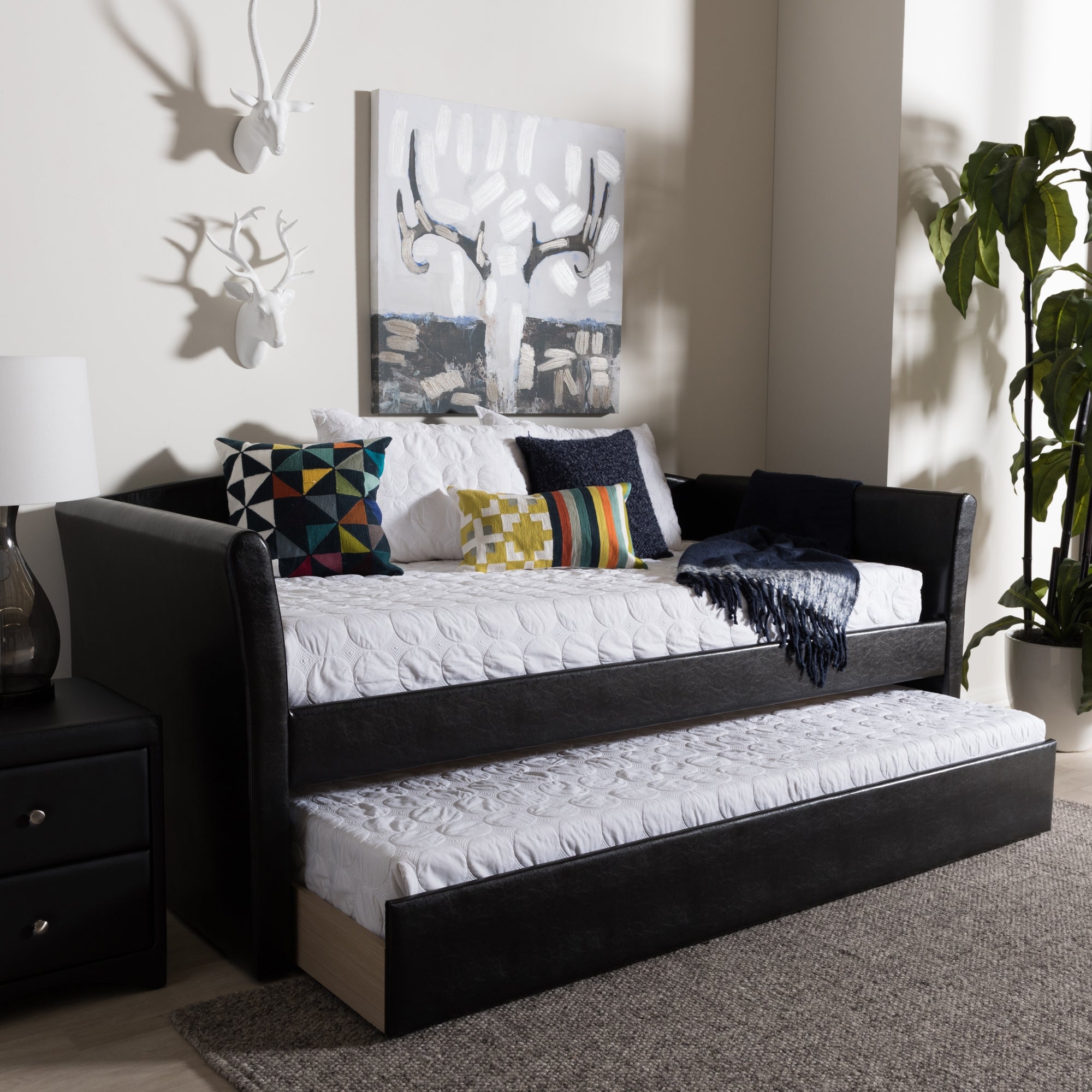 Baxton Studio Camino Modern and Contemporary Black Faux Leather Upholstered Daybed with Guest Trundle Bed