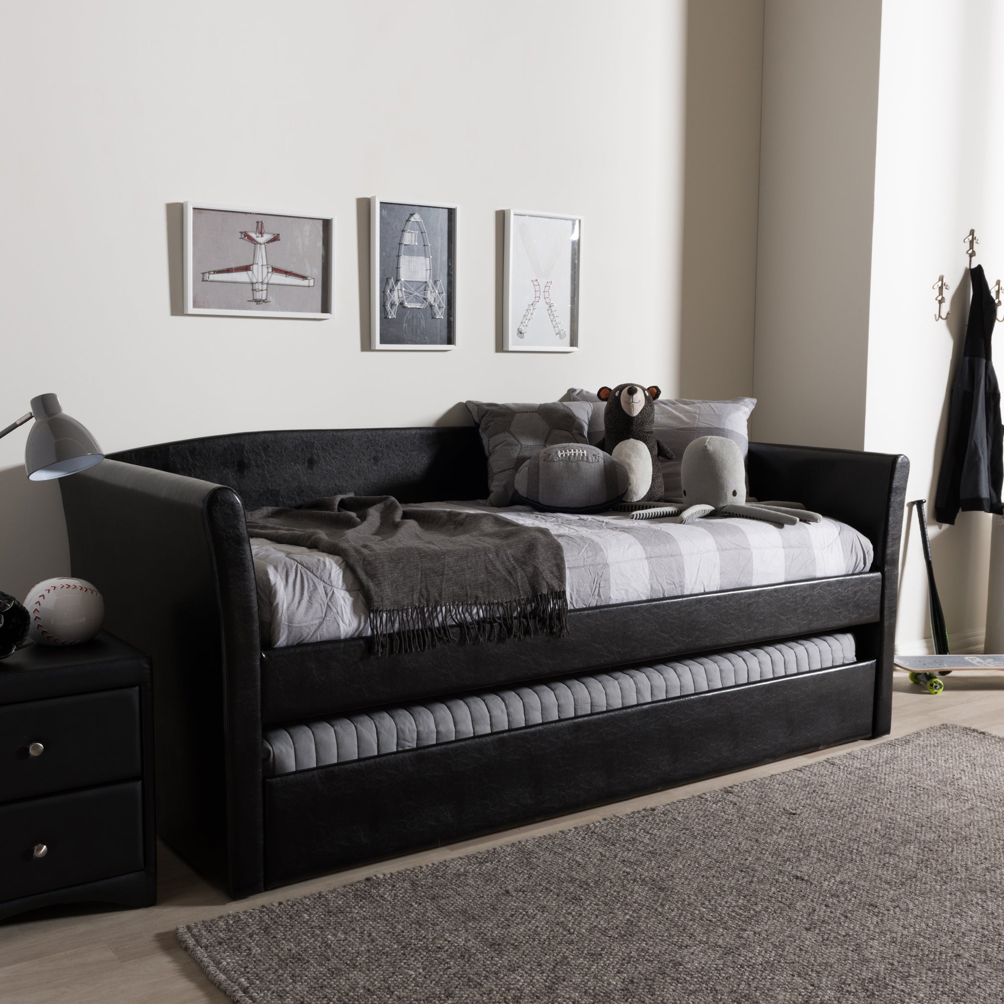 Baxton Studio Camino Modern and Contemporary Black Faux Leather Upholstered Daybed with Guest Trundle Bed