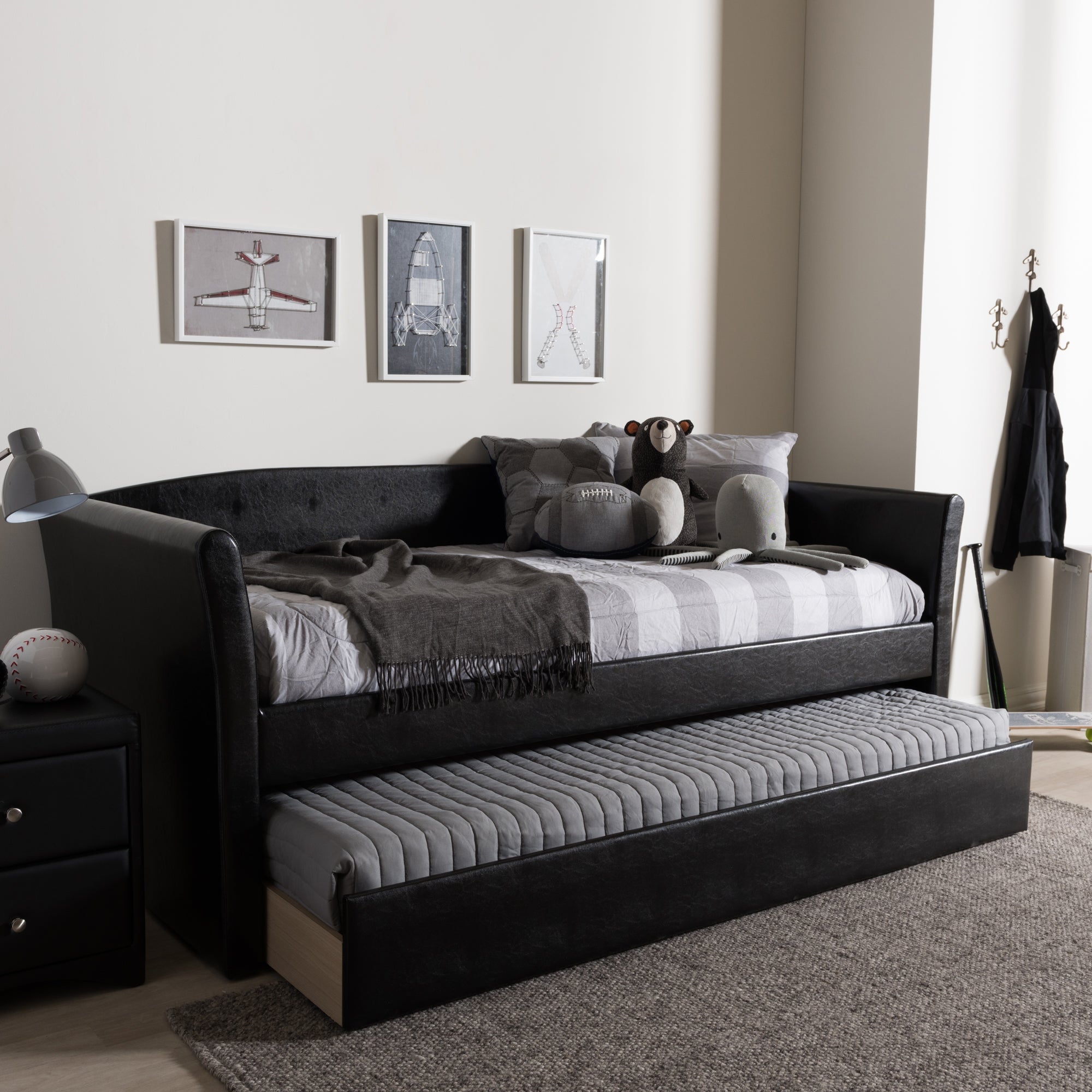 Baxton Studio Camino Modern and Contemporary Black Faux Leather Upholstered Daybed with Guest Trundle Bed