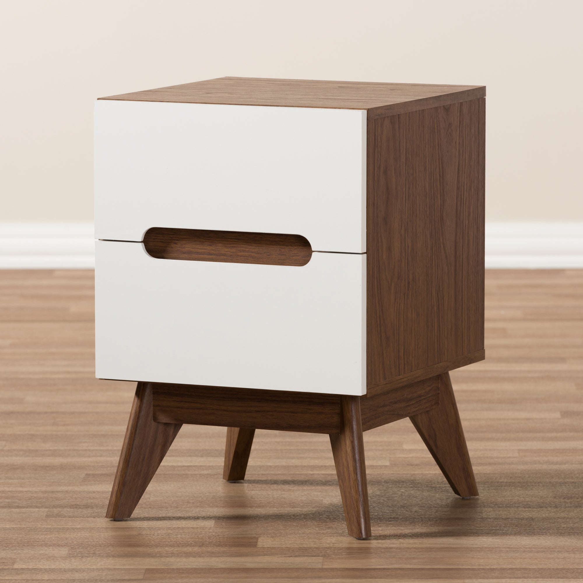 Baxton Studio Calypso Mid-Century Modern White and Walnut Wood 2-Drawer Storage Nightstand