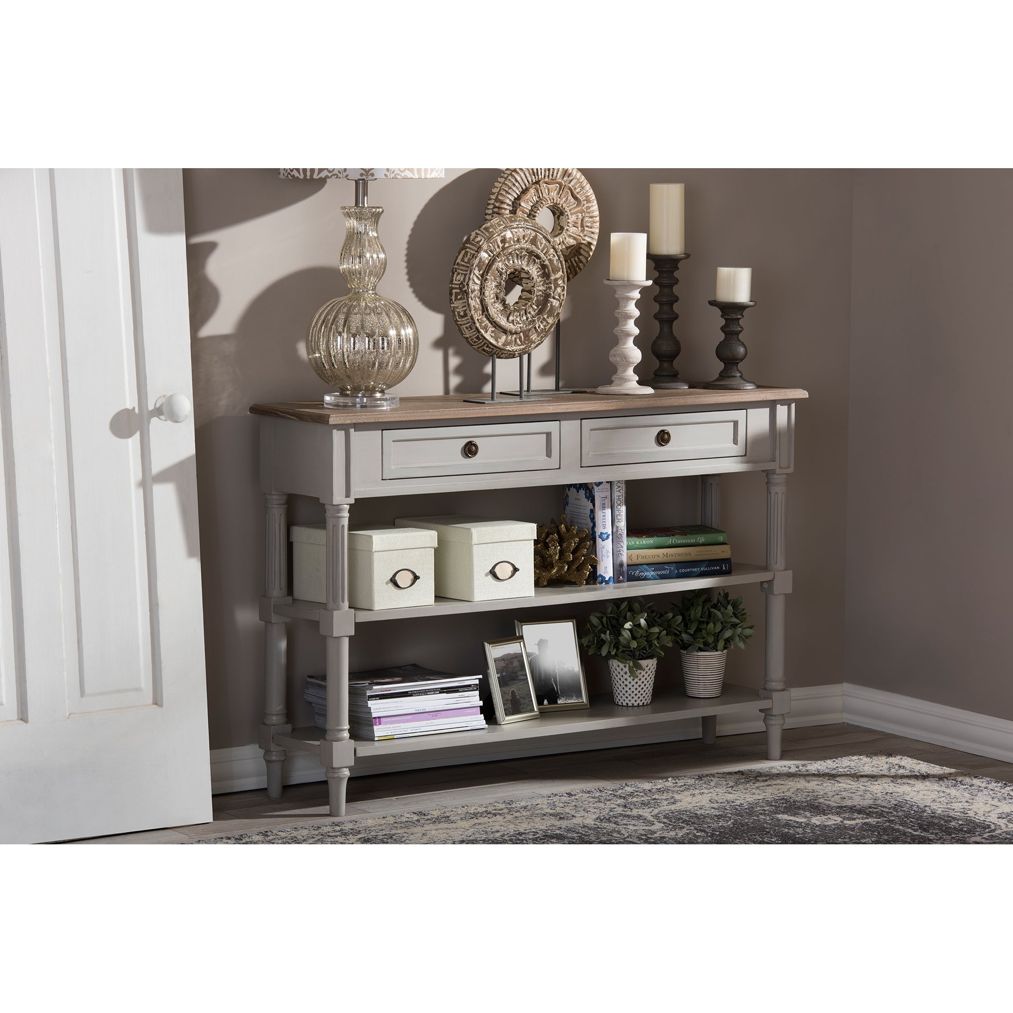 Baxton Studio Edouard French Provincial Style White Wash Distressed Wood and Grey Two-tone 2-drawer Console Table
