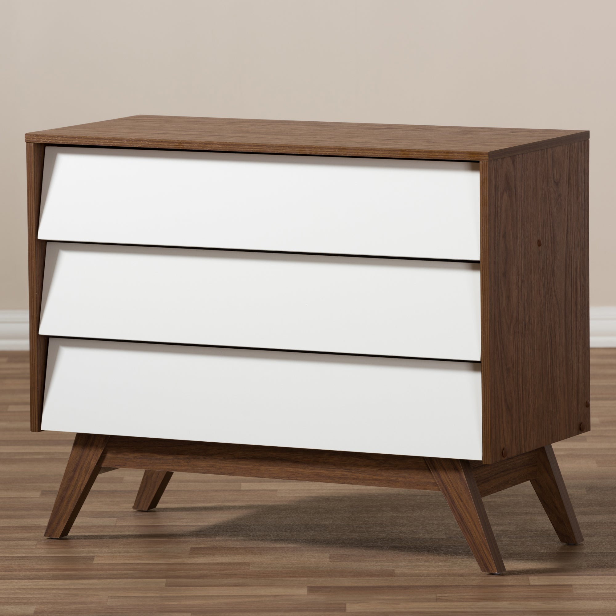 Baxton Studio Hildon Mid-Century Modern White and Walnut Wood 3-Drawer Storage Chest
