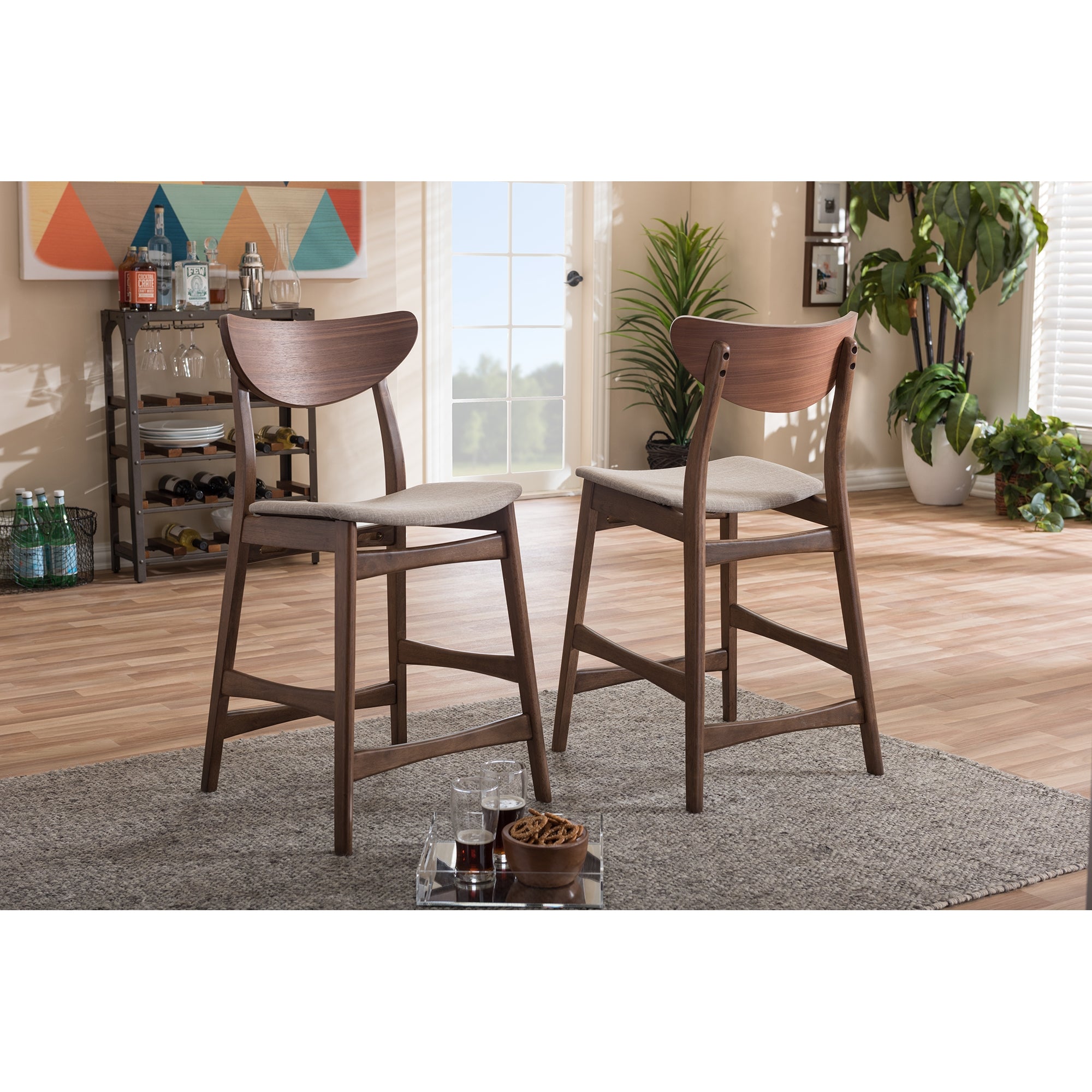 Baxton Studio Latina Mid-century Retro Modern Scandinavian Style Light Grey Fabric Upholstered Walnut Wood Finishing 24-Inches Counter Stool