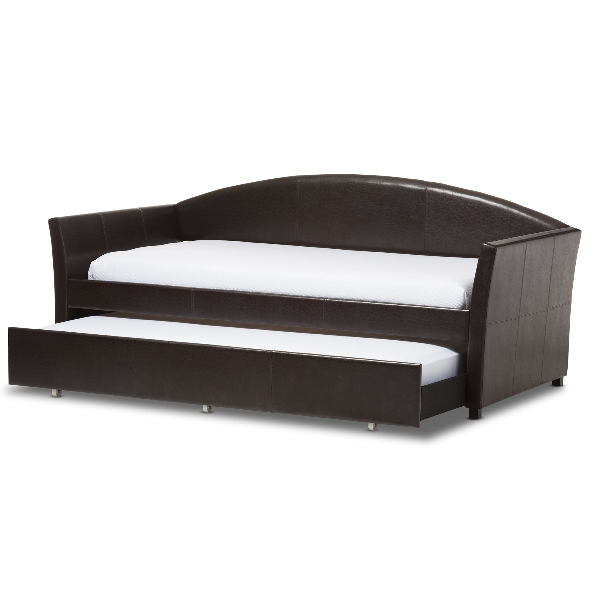 Baxton Studio London Modern and Contemporary Brown Faux Leather Arched Back Sofa Twin Daybed with Roll-Out Trundle Guest Bed