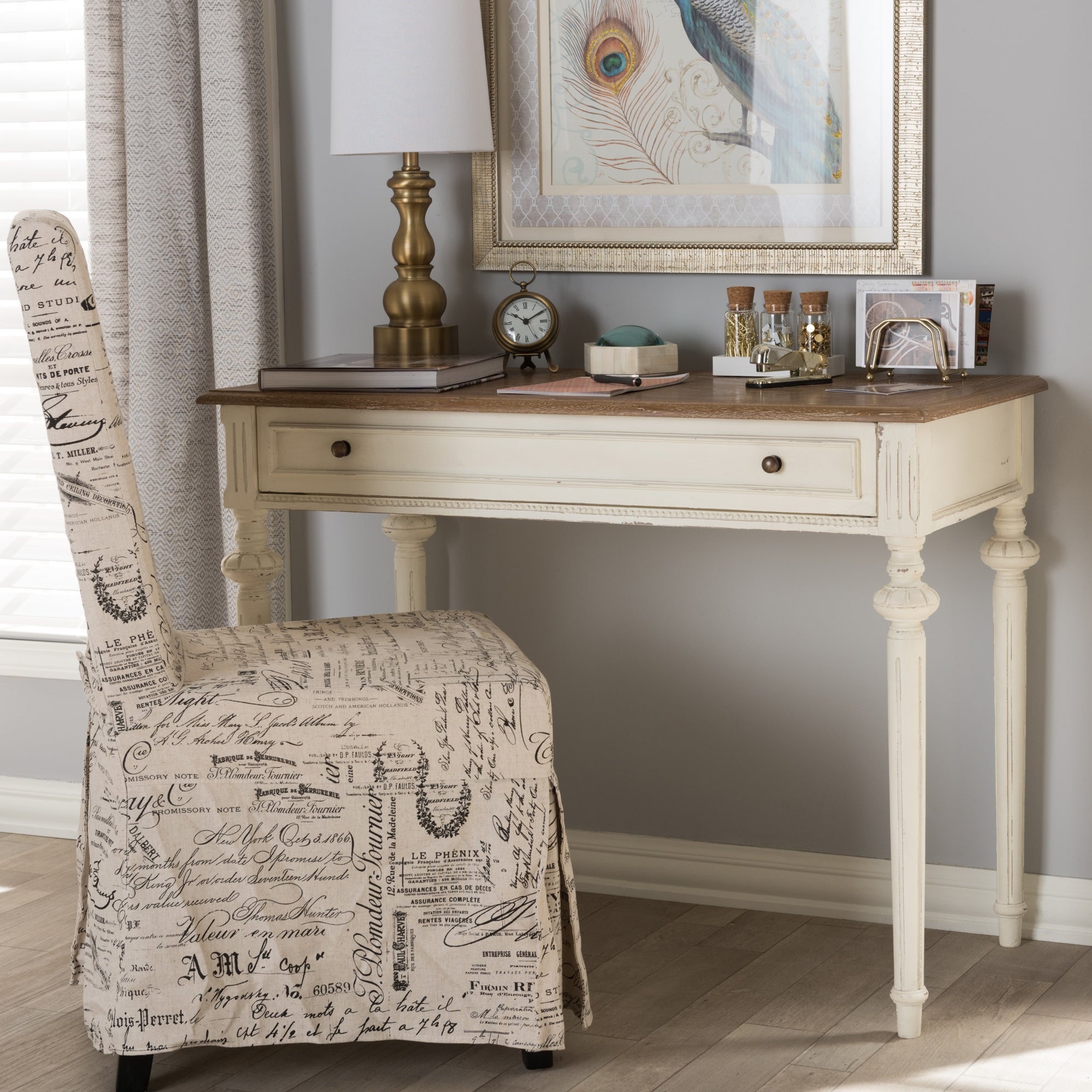 Baxton Studio Marquetterie French Provincial Weathered Oak and Whitewash Writing Desk
