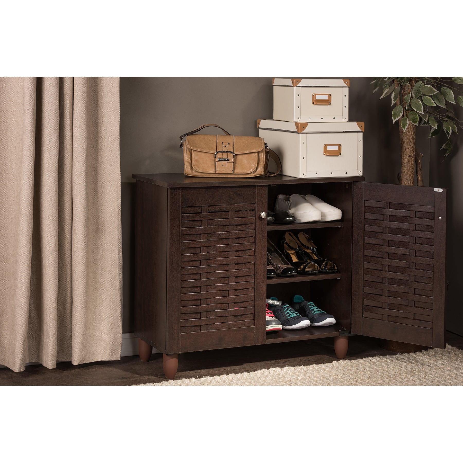 Baxton Studio Winda Modern and Contemporary 2-Door Dark Brown Wooden Entryway Shoes Storage Cabinet