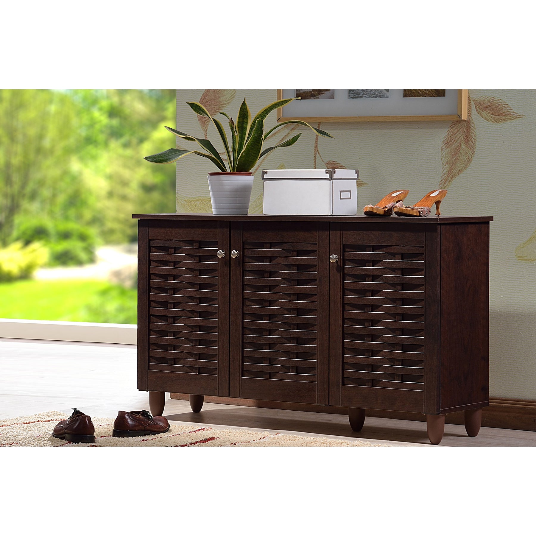 Baxton Studio Winda Modern and Contemporary 3-Door Dark Brown Wooden Entryway Shoes Storage Cabinet