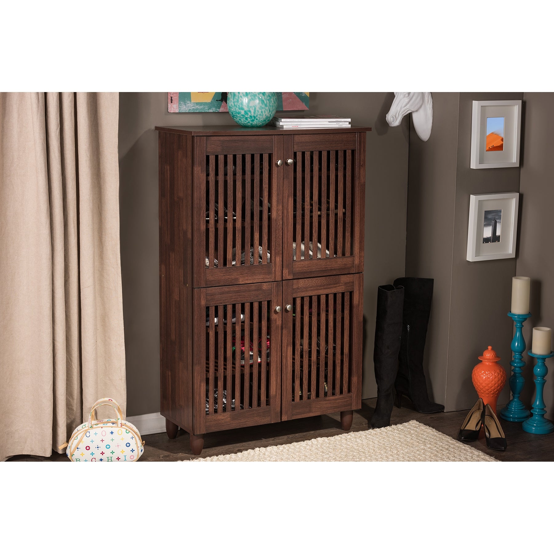 Baxton Studio Fernanda Modern and Contemporary 4-Door Oak Brown Wooden Entryway Shoes Storage Tall Cabinet